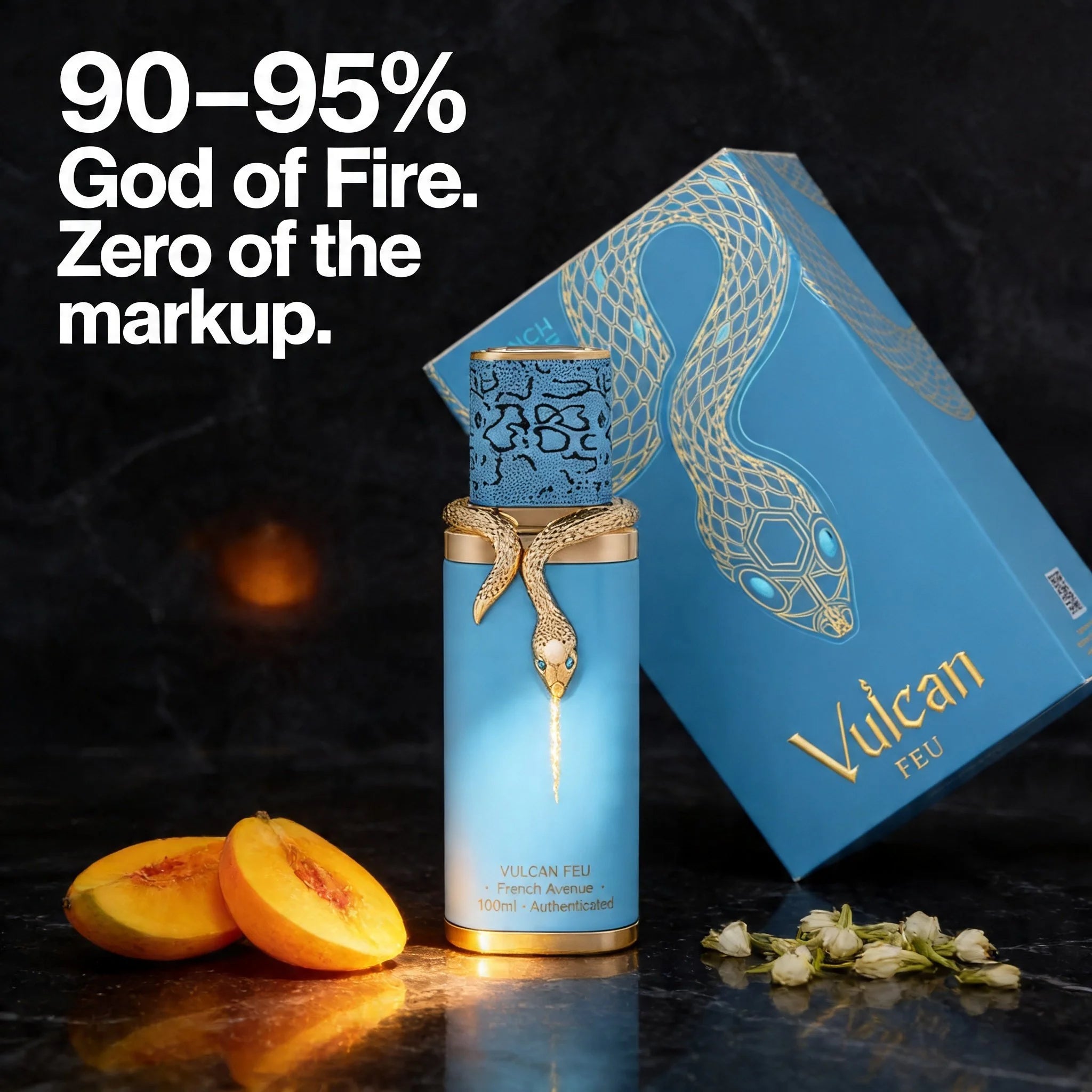 Vulcan Feu perfume bottle and packaging with promotional text on a dark background