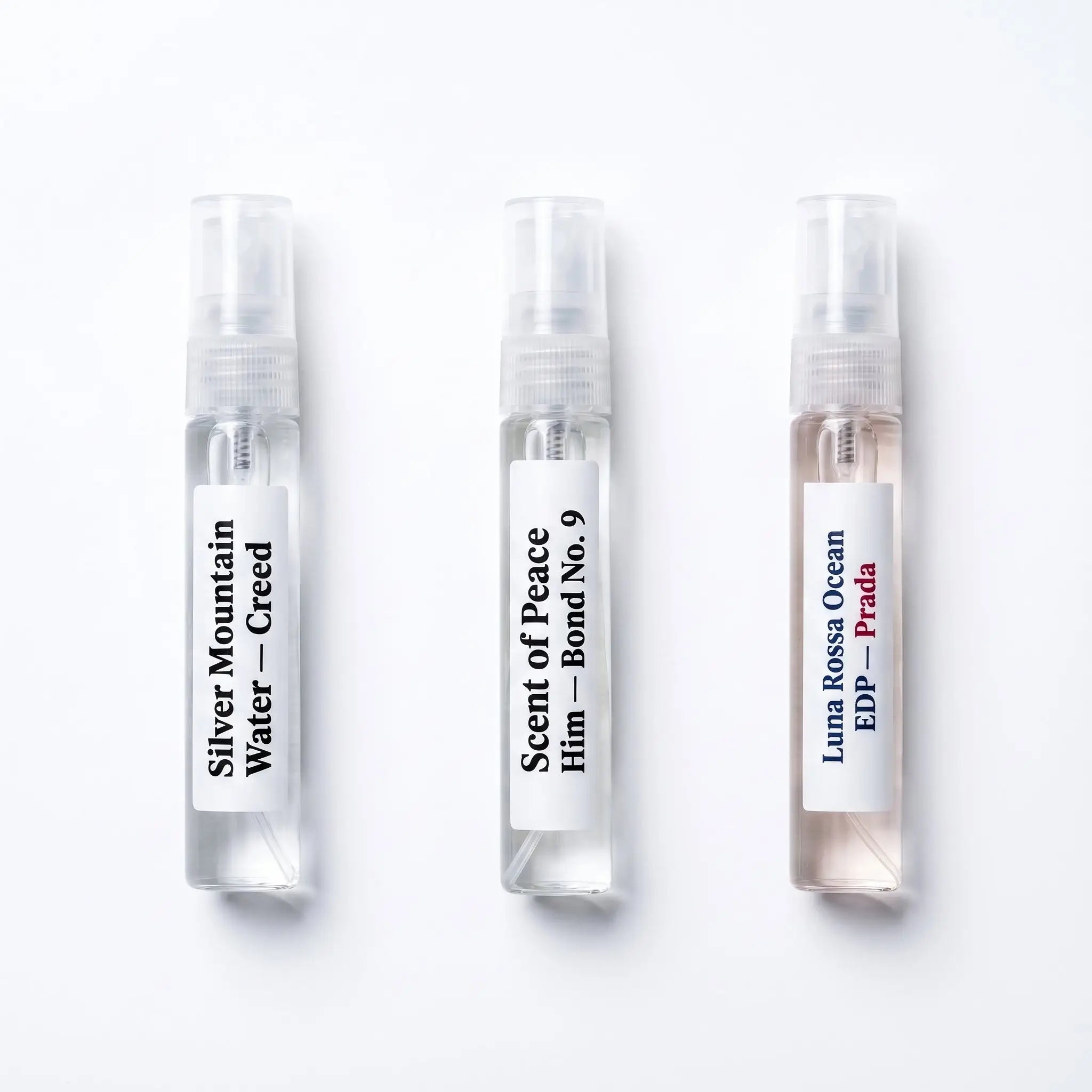 The Fresh Set — Silver Mountain Water, Scent of Peace and Luna Rossa Ocean EDP 5ml decants overhead
