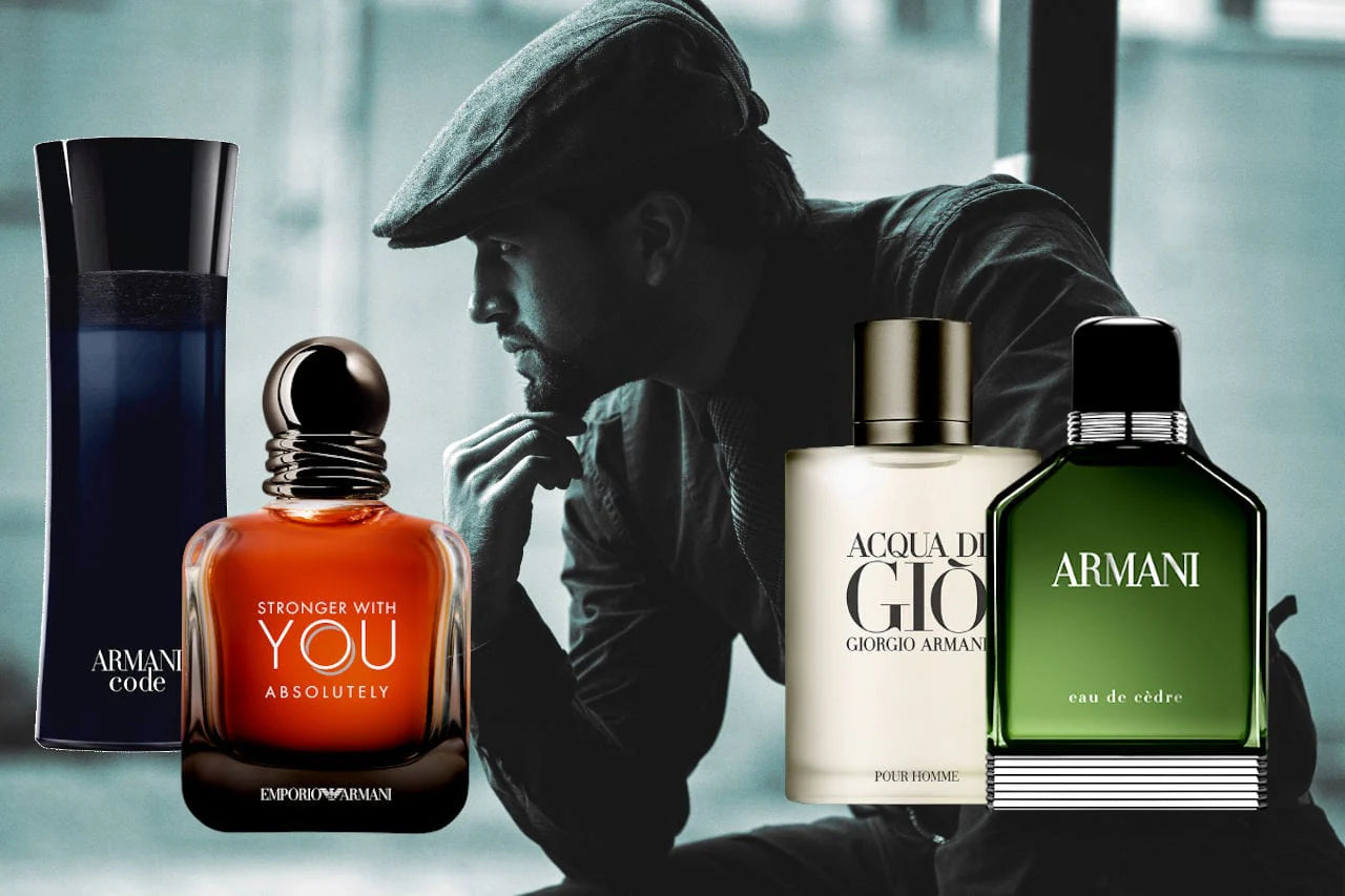 Authentic Giorgio Armani men's cologne collection including Acqua Di Gio and Stronger With You designer fragrances.