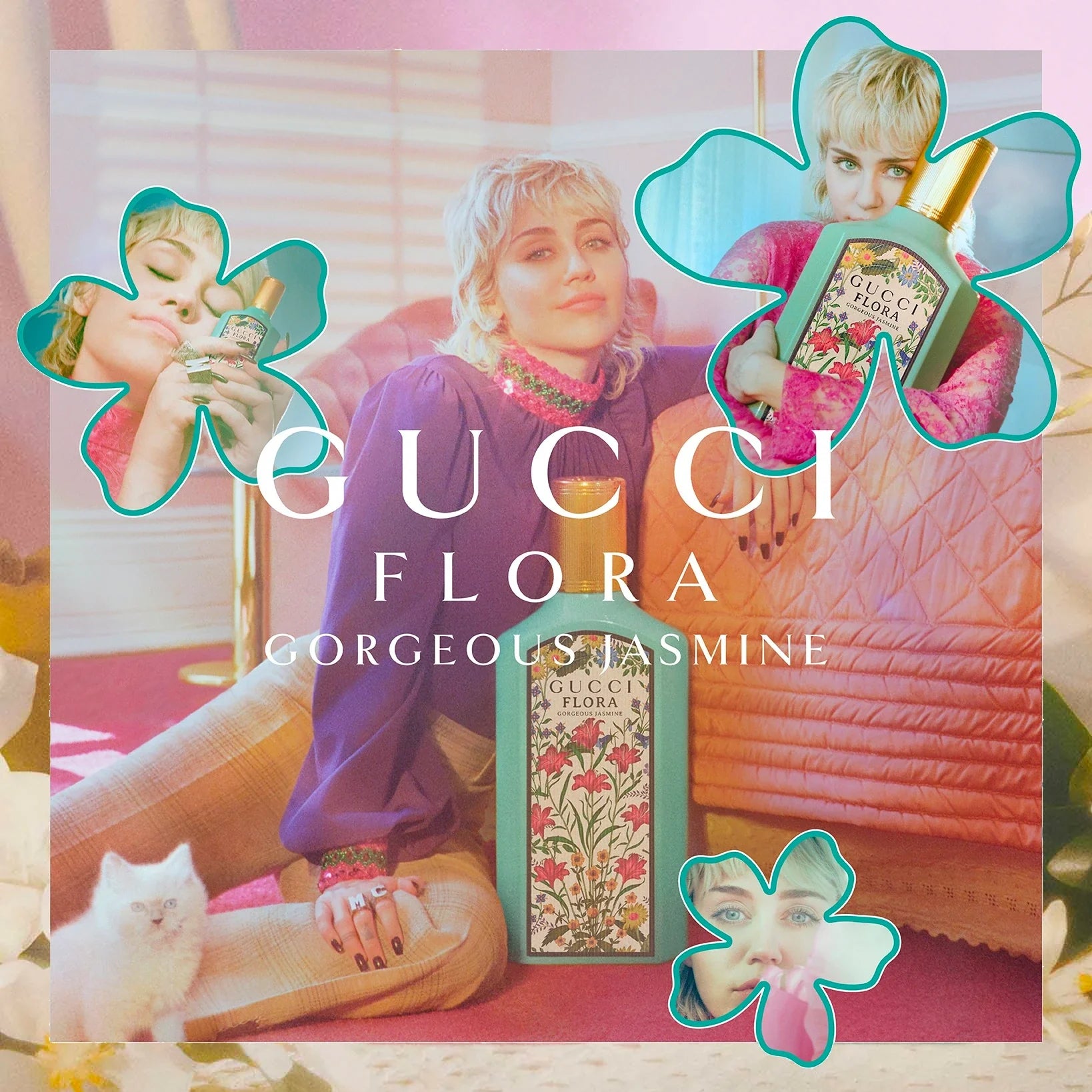 Promotional image for Gucci Flora perfume with a model holding the product.