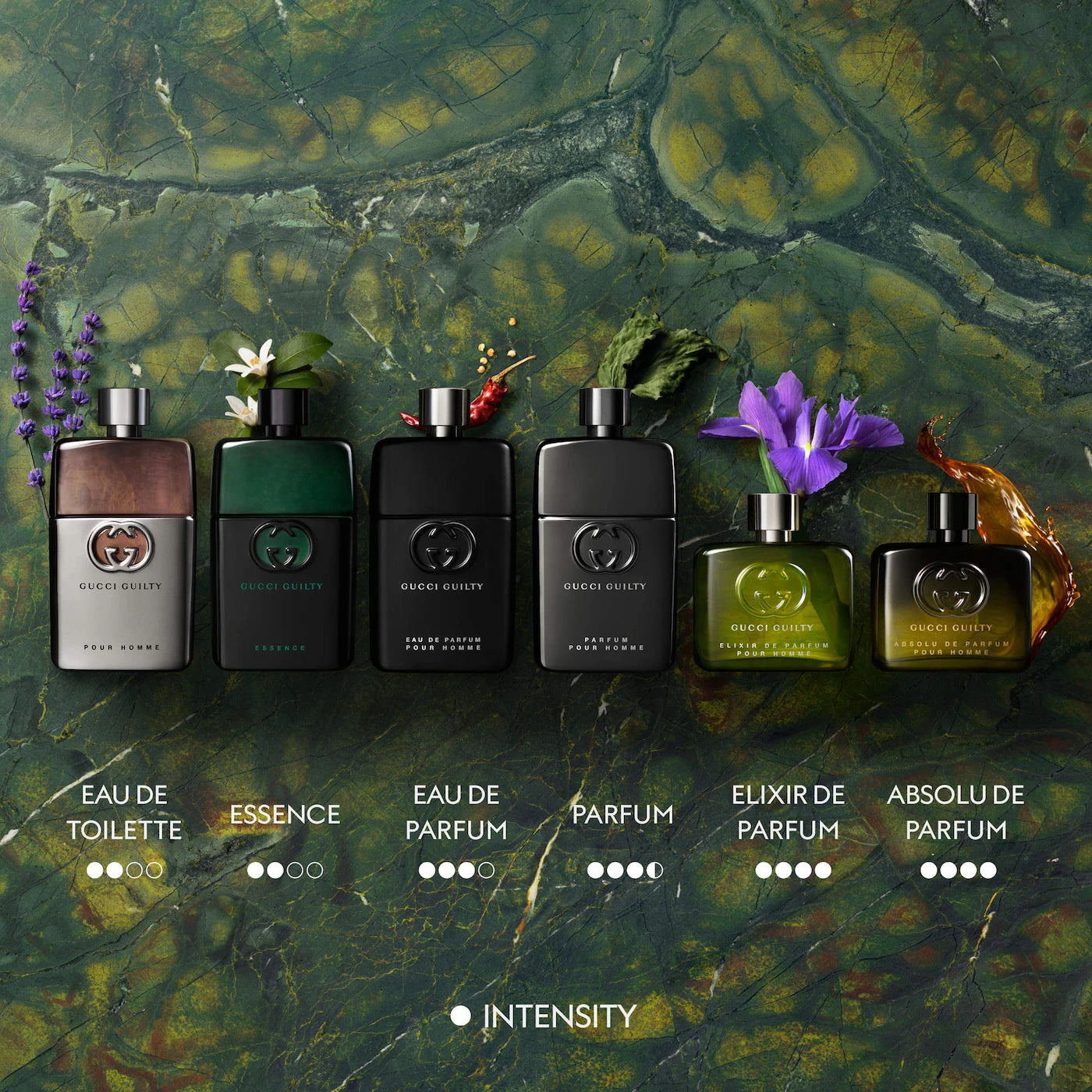 Collection of Gucci men's fragrances on a green leafy background