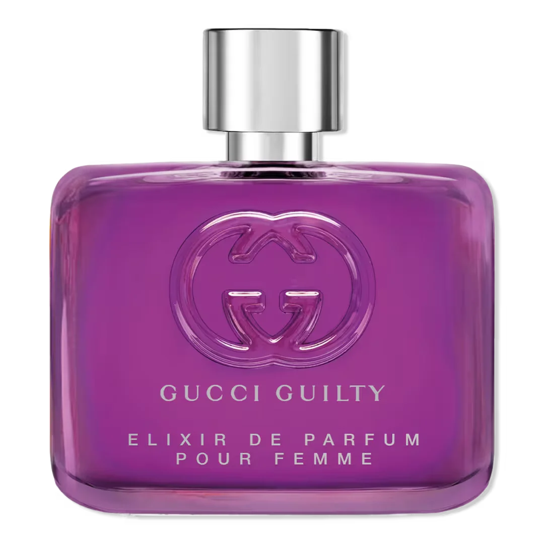 Purple Gucci Guilty Elixir de Parfum bottle on a white background