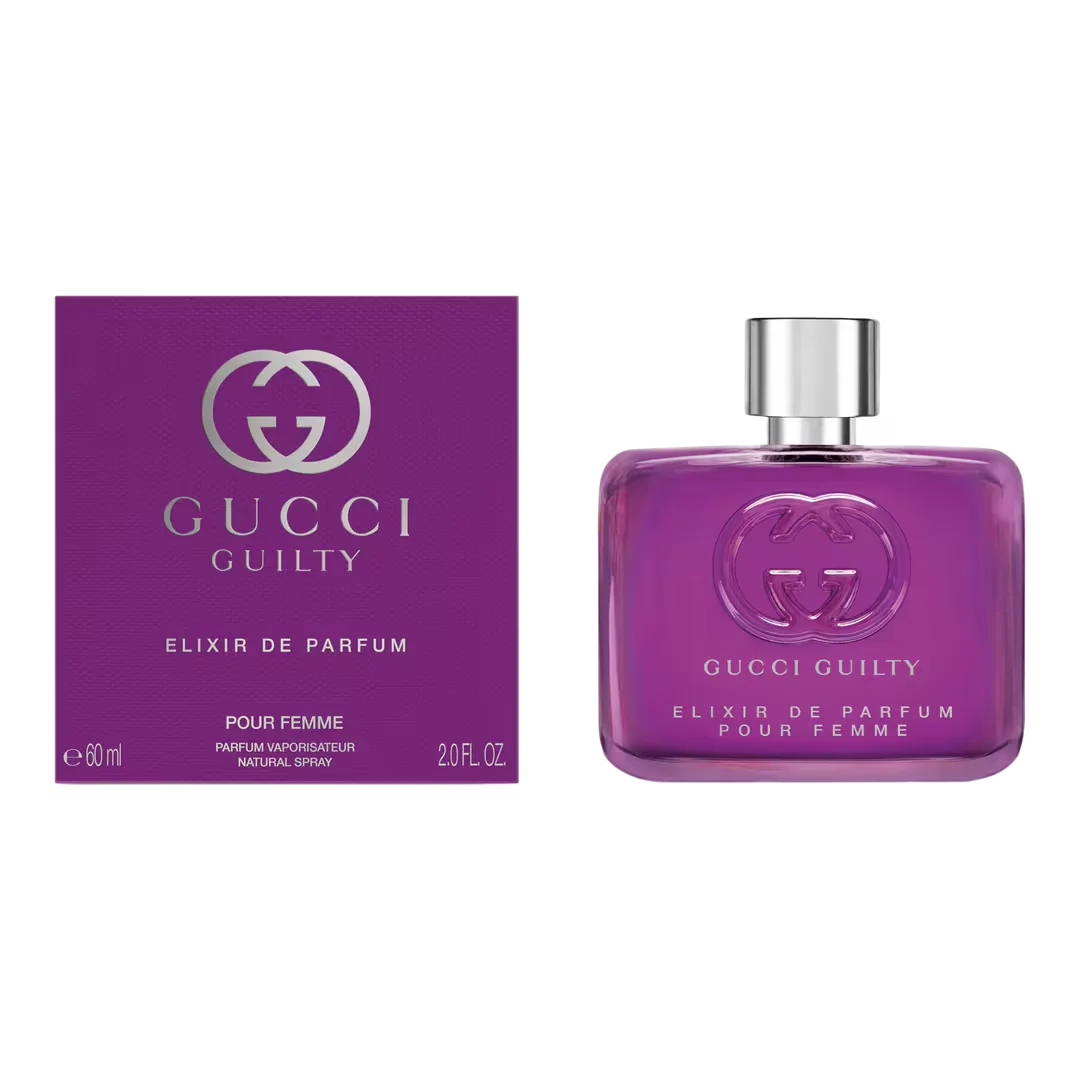 Gucci Guilty Elixir de Parfum bottle and packaging on a white background