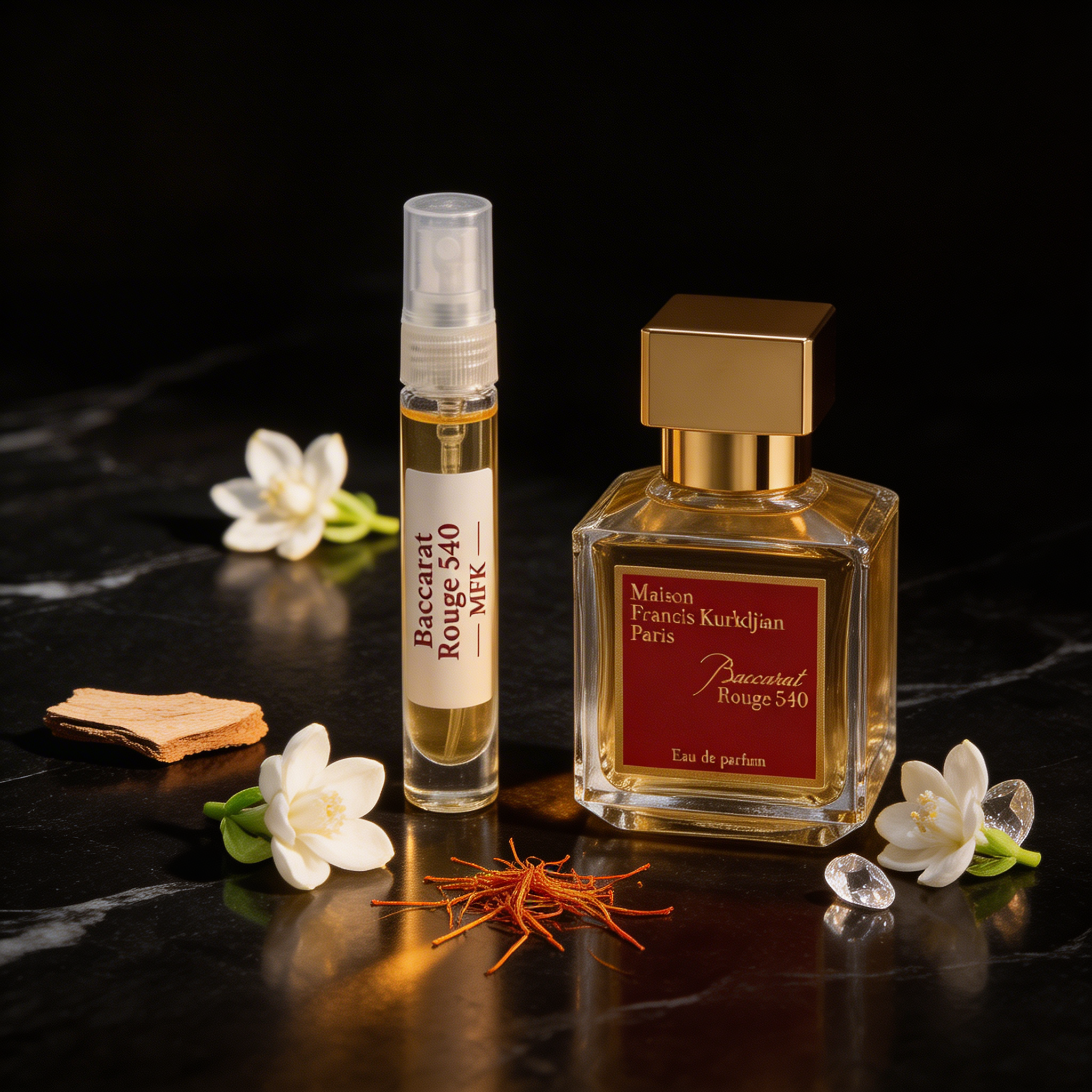 Perfume bottle and spray on a dark surface with flowers and spices