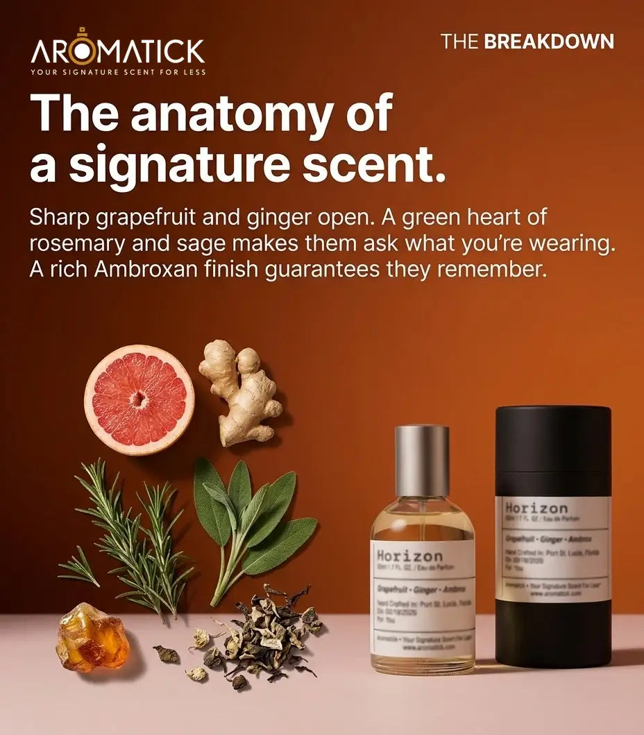 Horizon eau de parfum with its ingredients: pink grapefruit, ginger root, rosemary, sage, amber resin and dried herbs