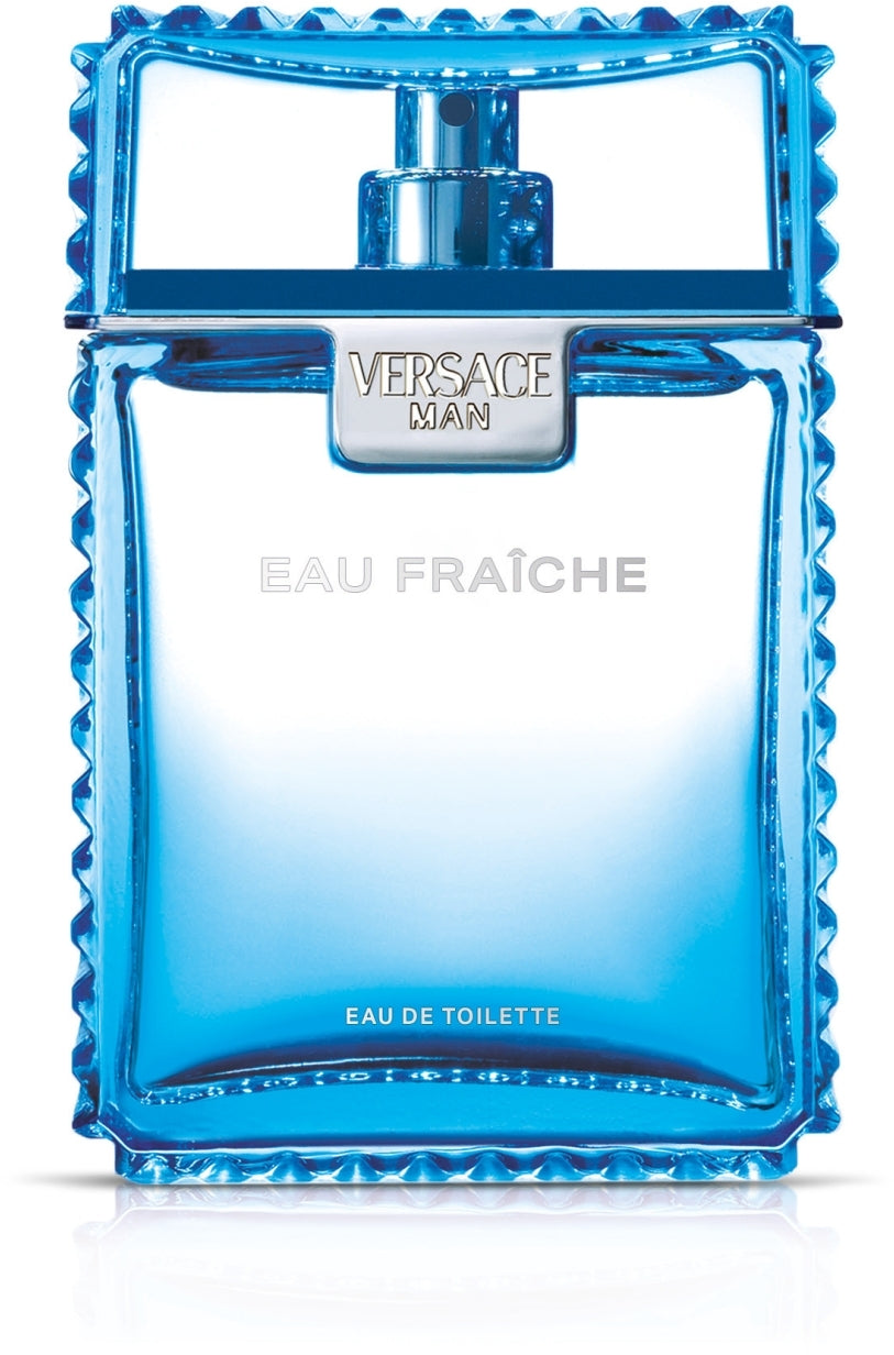 Versace Man Eau Fraçèche EDT blue perfume bottle on a white background