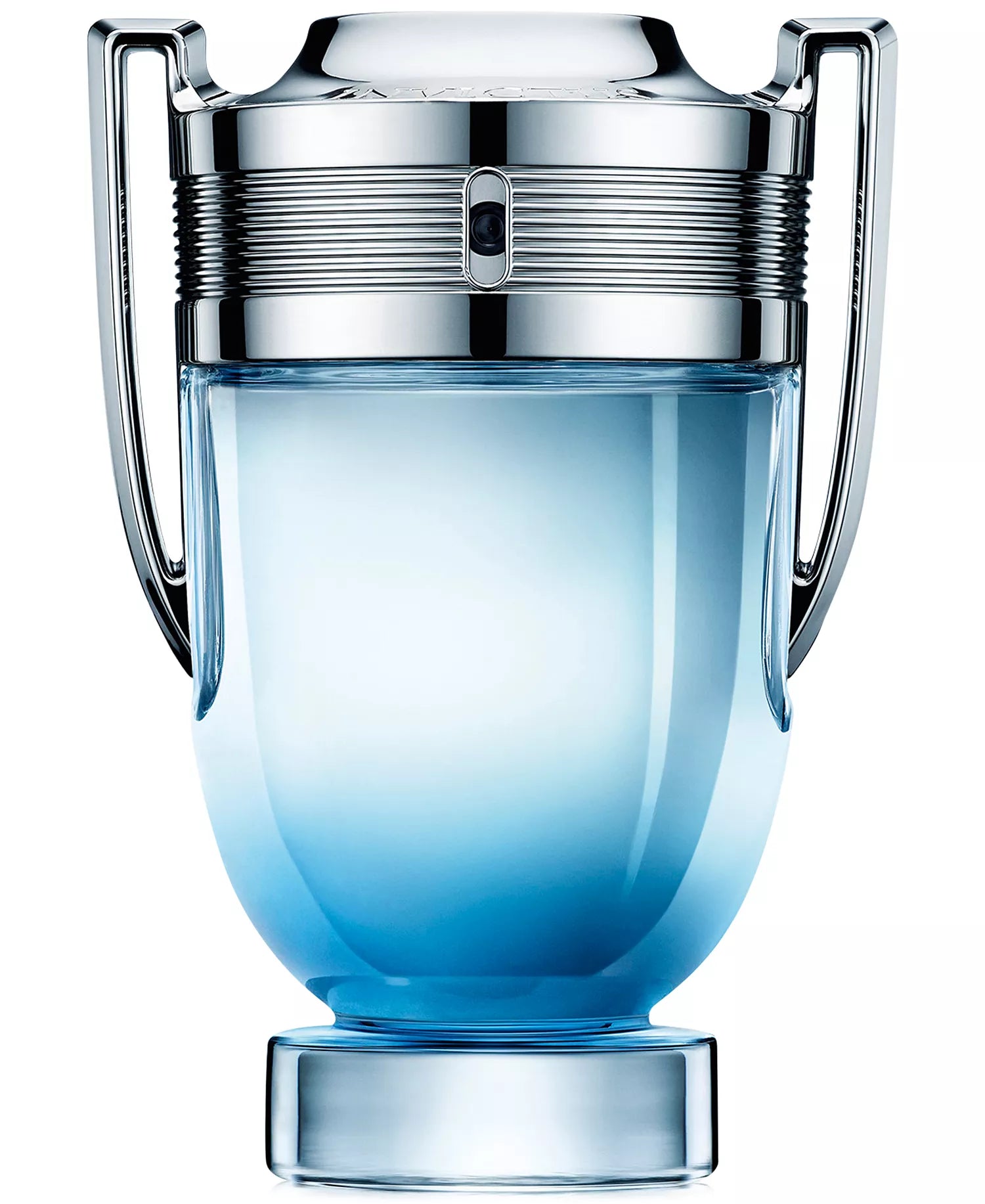 Blue perfume bottle with silver cap on a white background