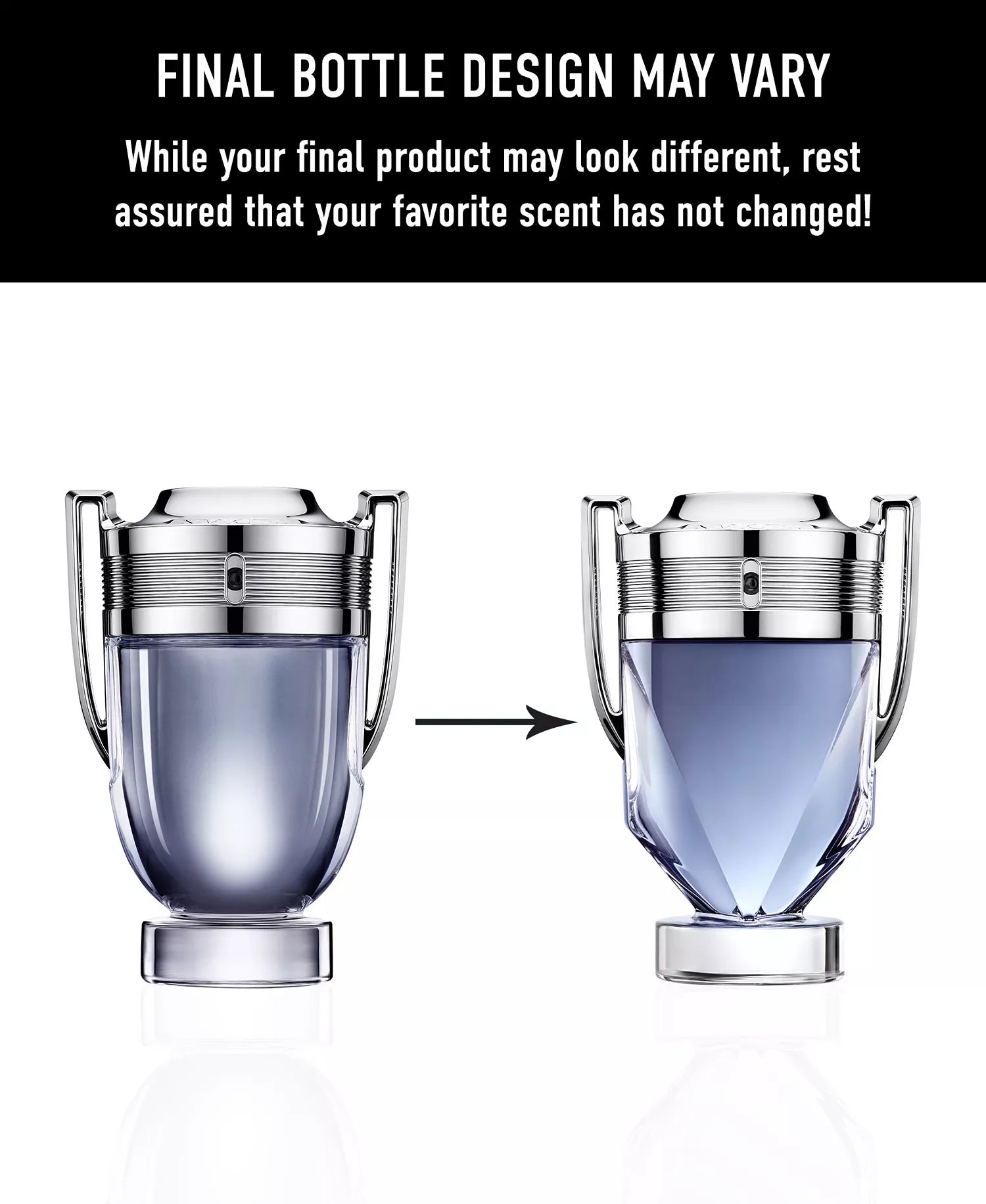 Two perfume bottles with a silver cap on a white background, accompanied by text about product variation.