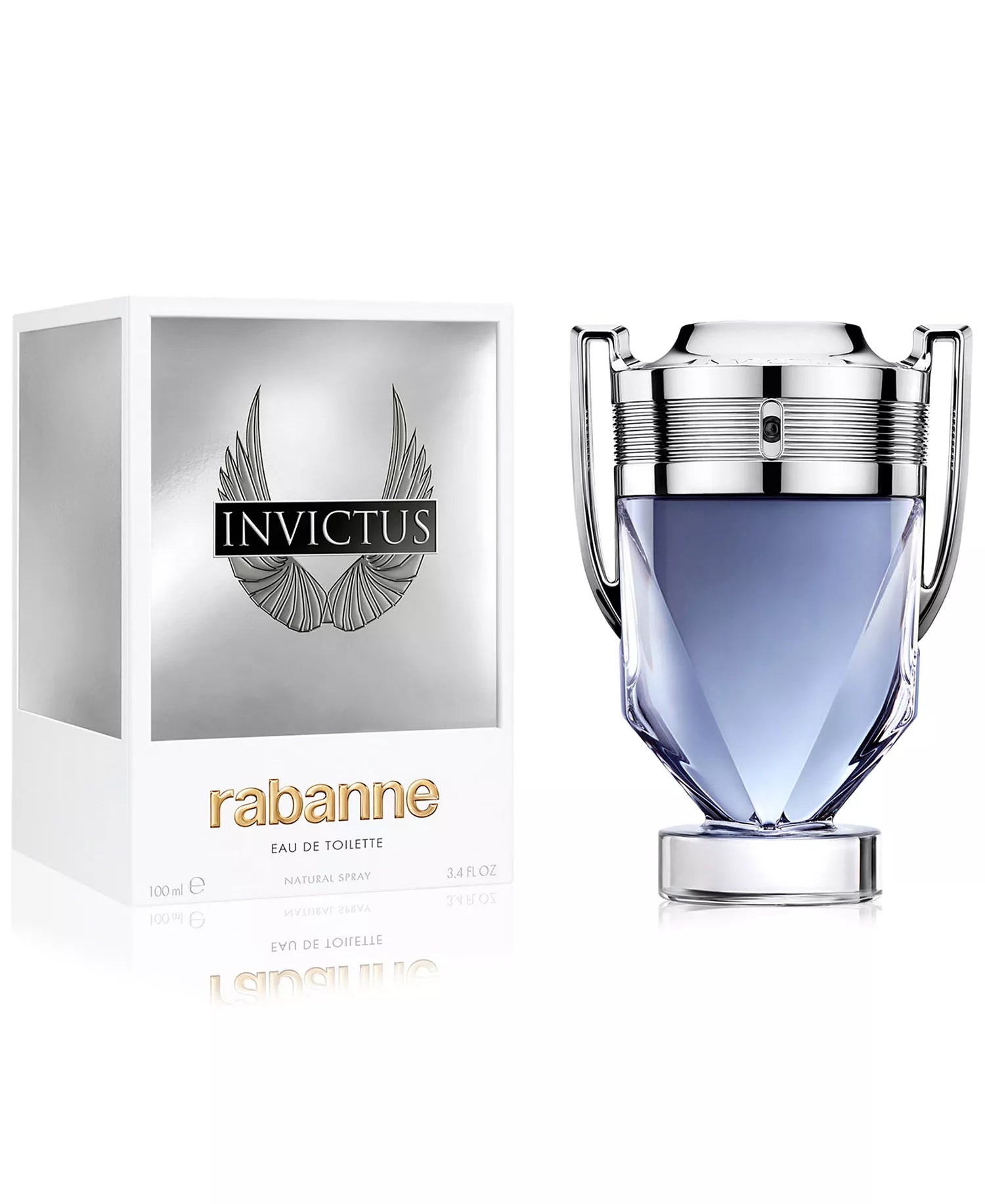 Invictus Rabanne perfume bottle and packaging on a white background