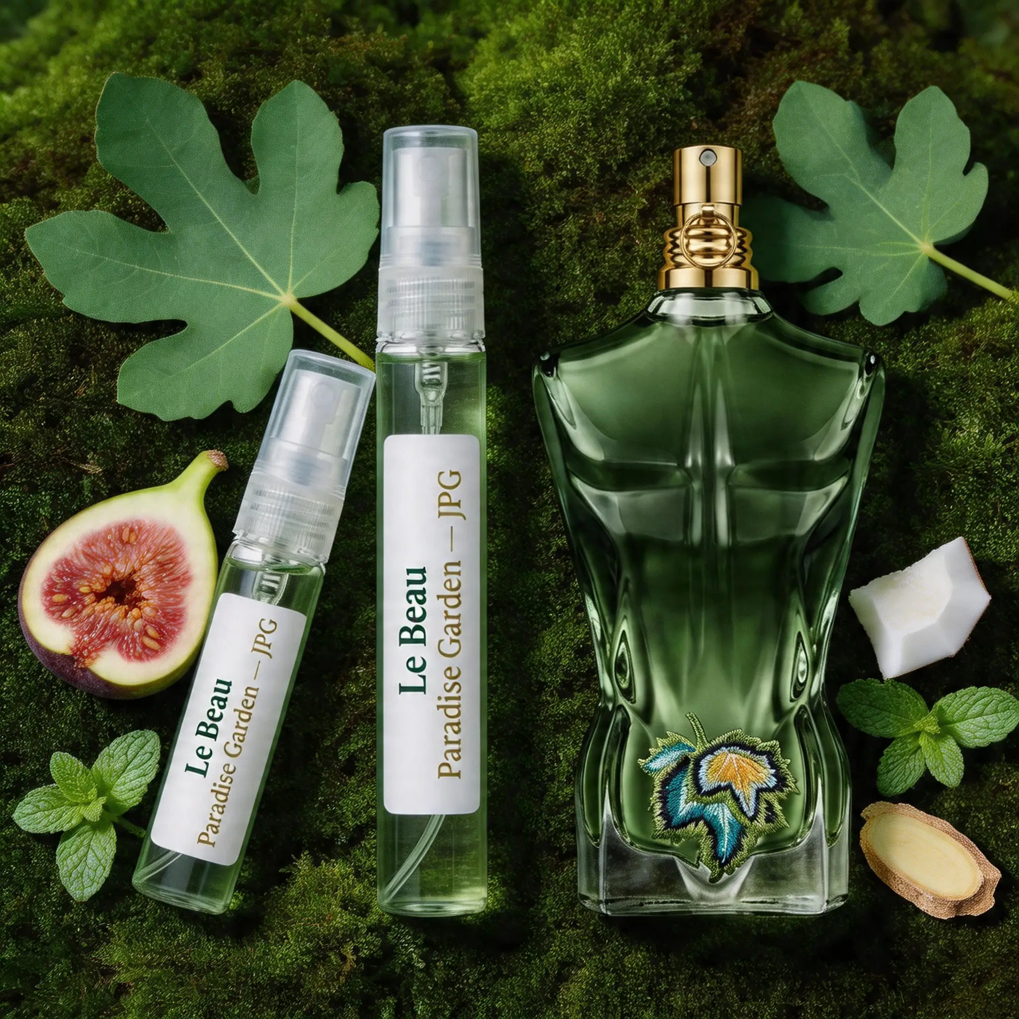 JPG Le Beau Paradise Garden bottle and decant on tropical leaves with fig coconut mint ginger and sandalwood fragrance notes flatlay