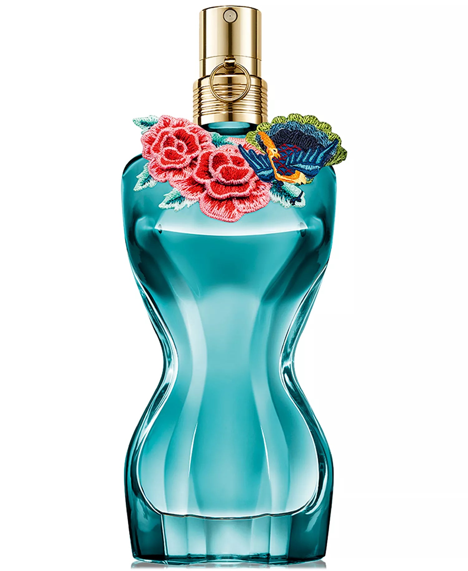 Jean Paul Gaultier La Belle Paradise Garden Eau de Parfum bottle close-up showing turquoise corset design with embroidered rose and bird emblem