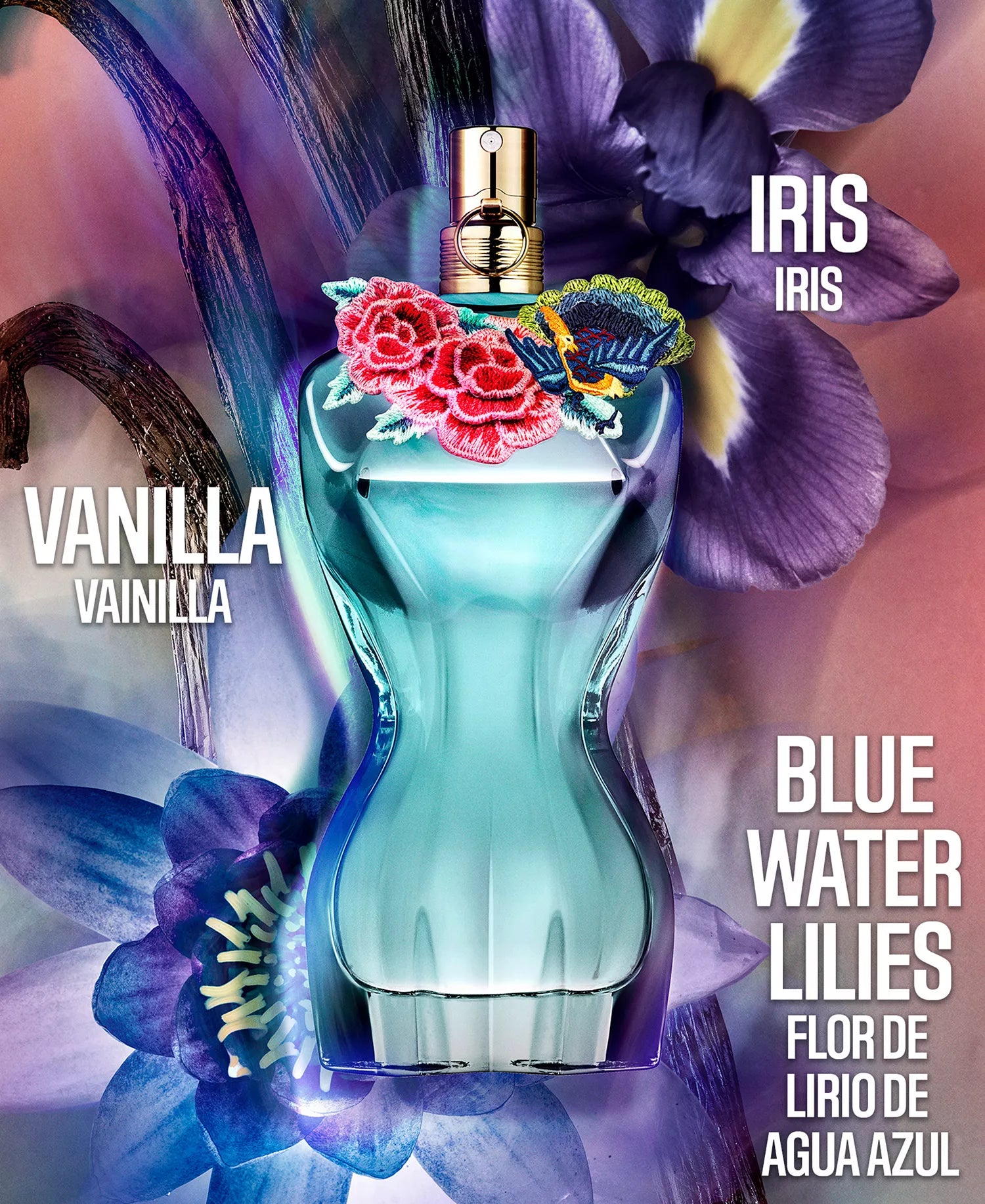 Jean Paul Gaultier La Belle Paradise Garden fragrance notes featuring iris, vanilla, and blue water lilies in turquoise bottle with embroidered flowers