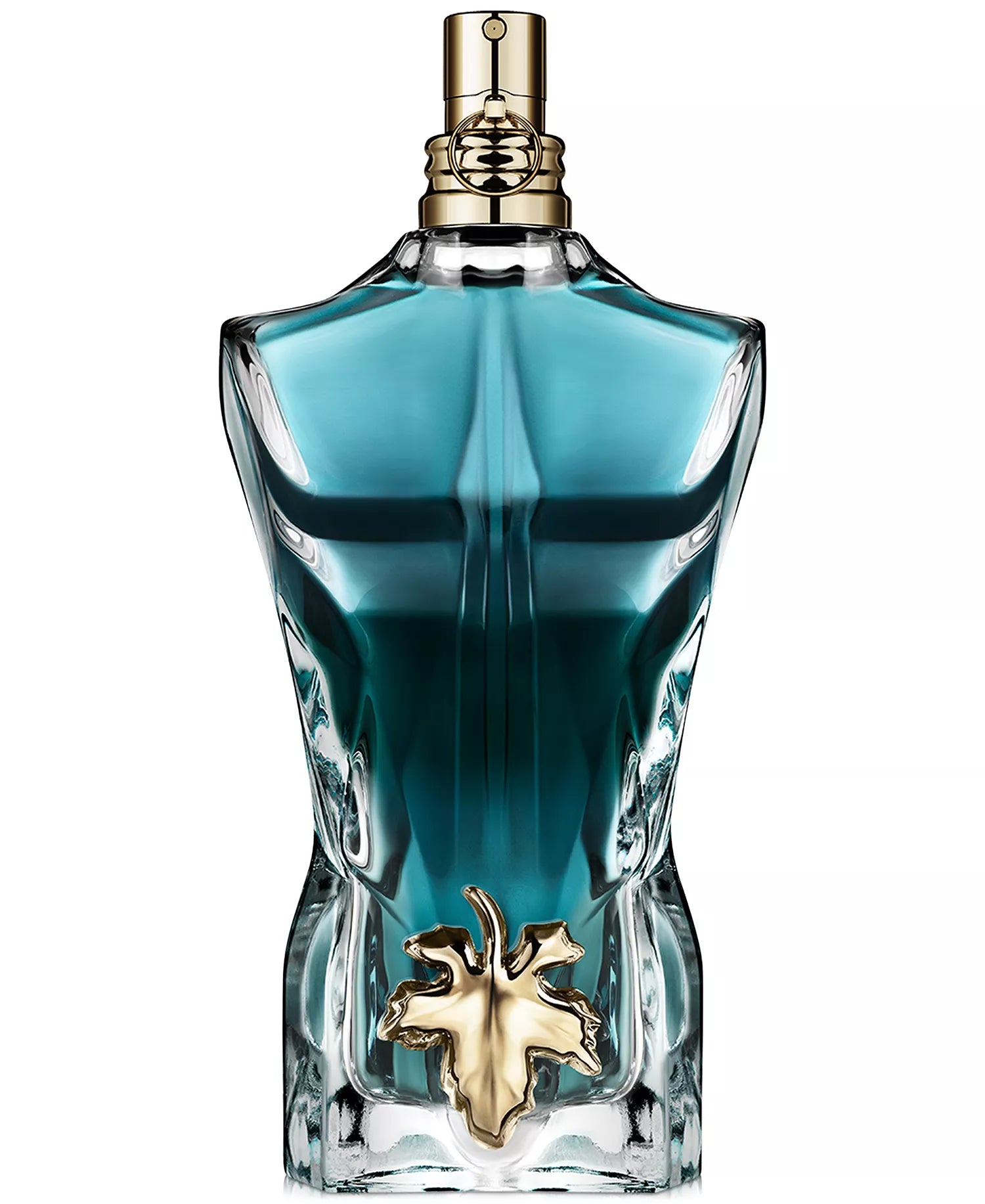 Blue perfume bottle with gold cap and logo on a white background