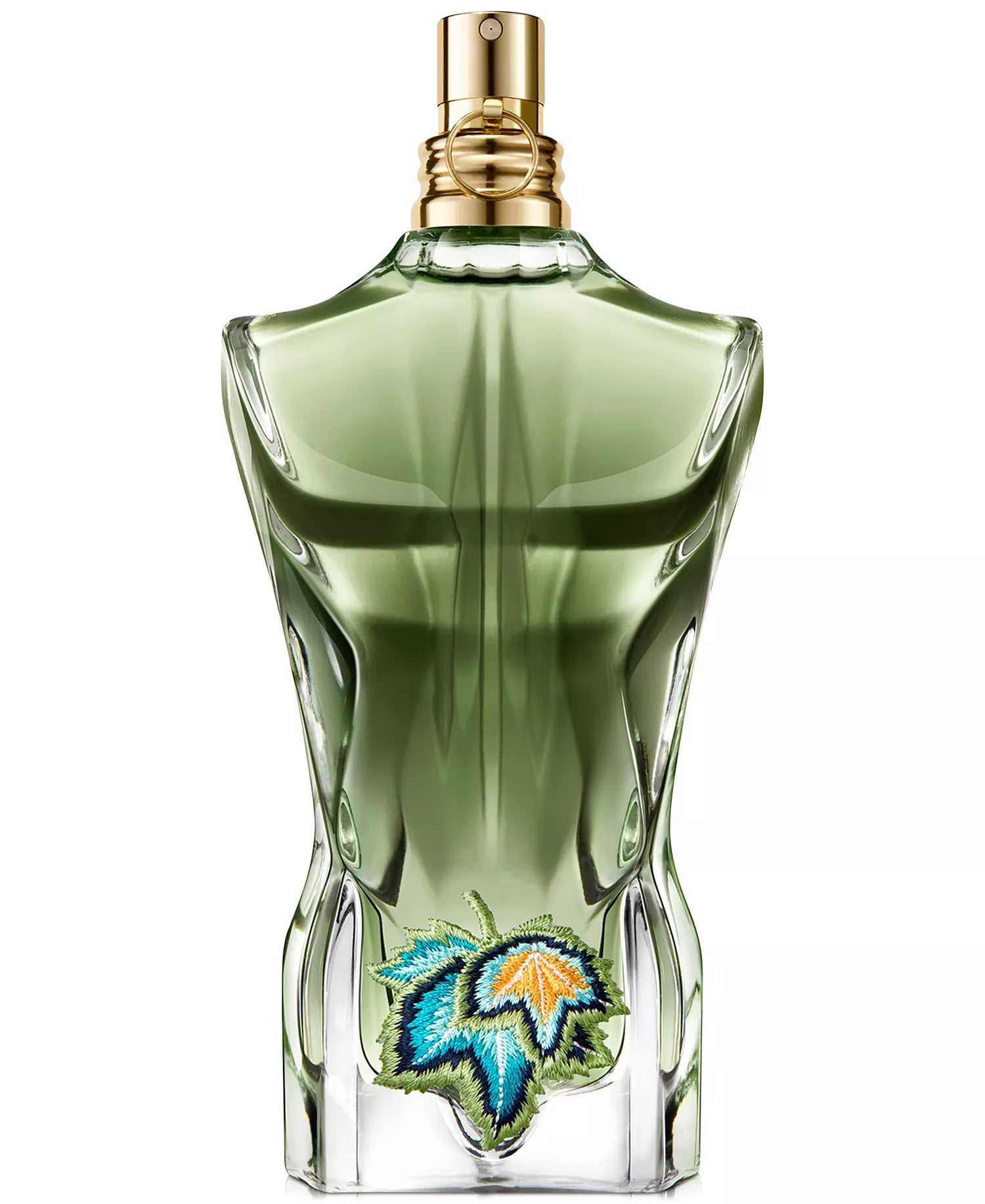 Jean Paul Gaultier Le Beau Paradise Garden Eau de Parfum bottle close-up showing green male torso design with embroidered tropical leaf emblem