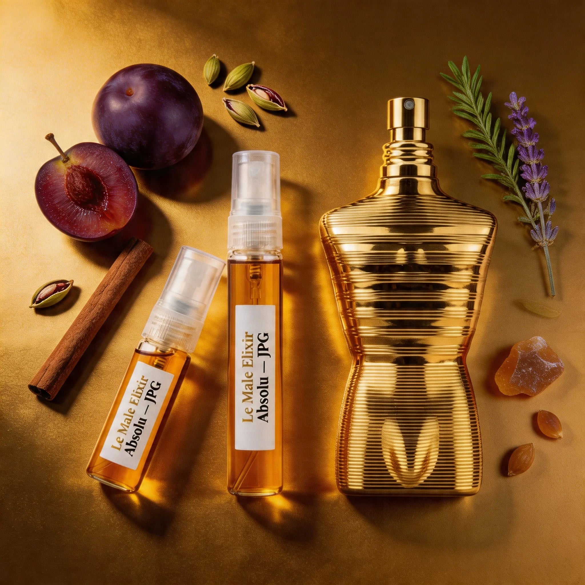 JPG Le Male Elixir Absolu bottle and decant on gold surface with plum cinnamon lavender tonka bean fragrance notes flatlay
