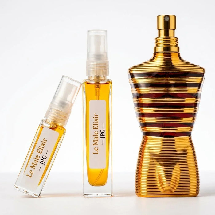 Jean Paul Gaultier Le Male Elixir decant vials with gold-striped torso bottle on white background fragrance photography