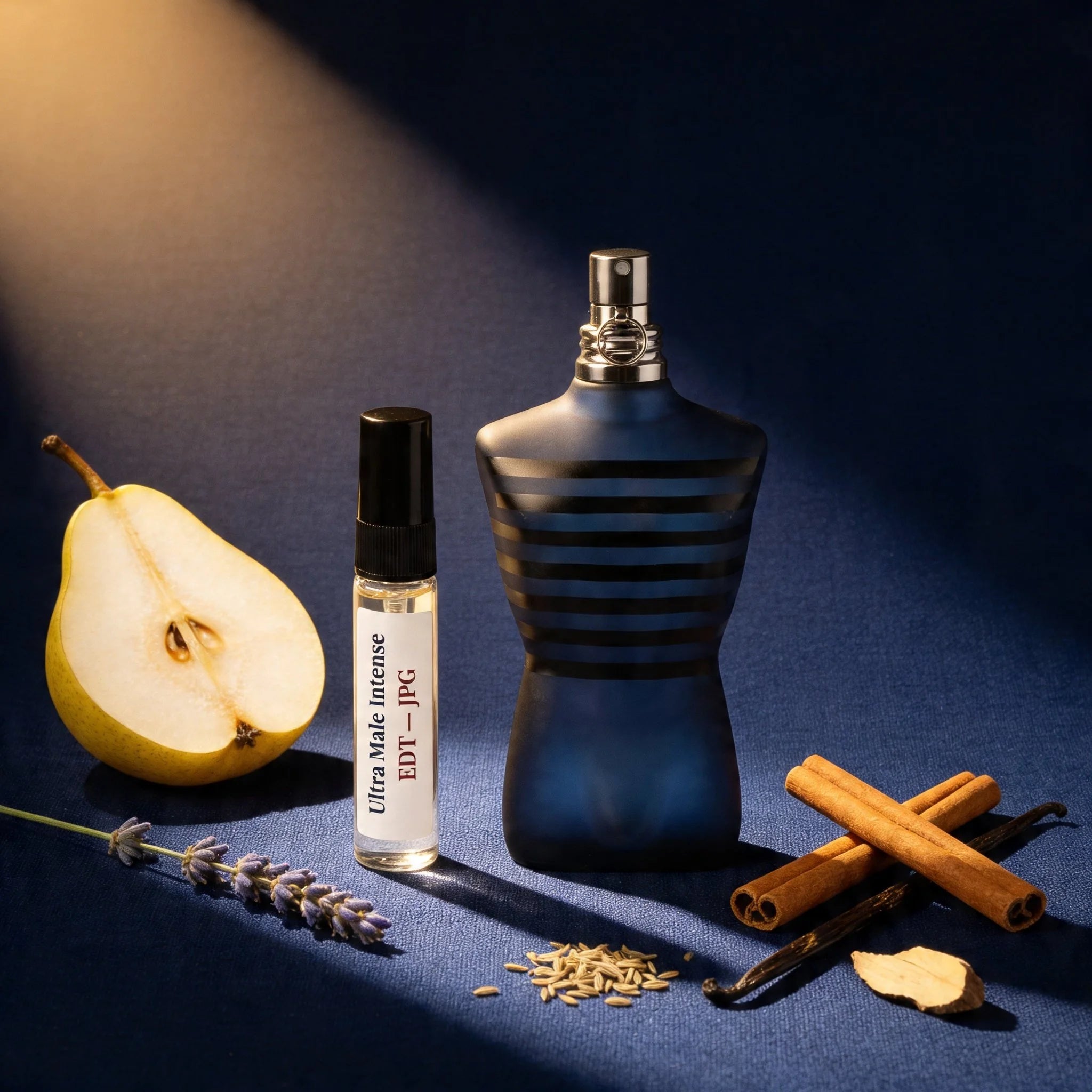 JPG Ultra Male Intense EDT bottle and decant on navy linen with pear cinnamon lavender and black vanilla fragrance notes flatlay