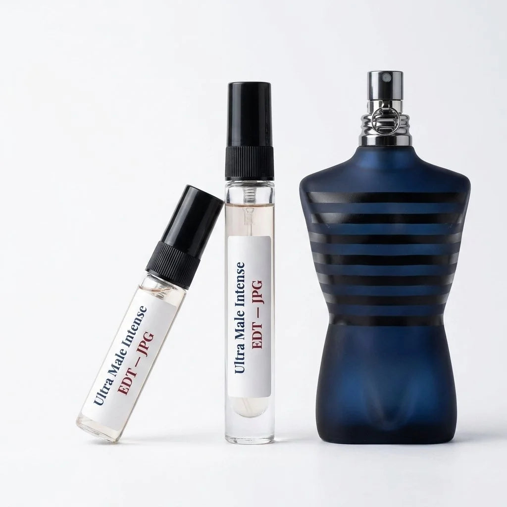 Jean Paul Gaultier Ultra Male Intense EDT decant vials with navy torso bottle on white background fragrance photography
