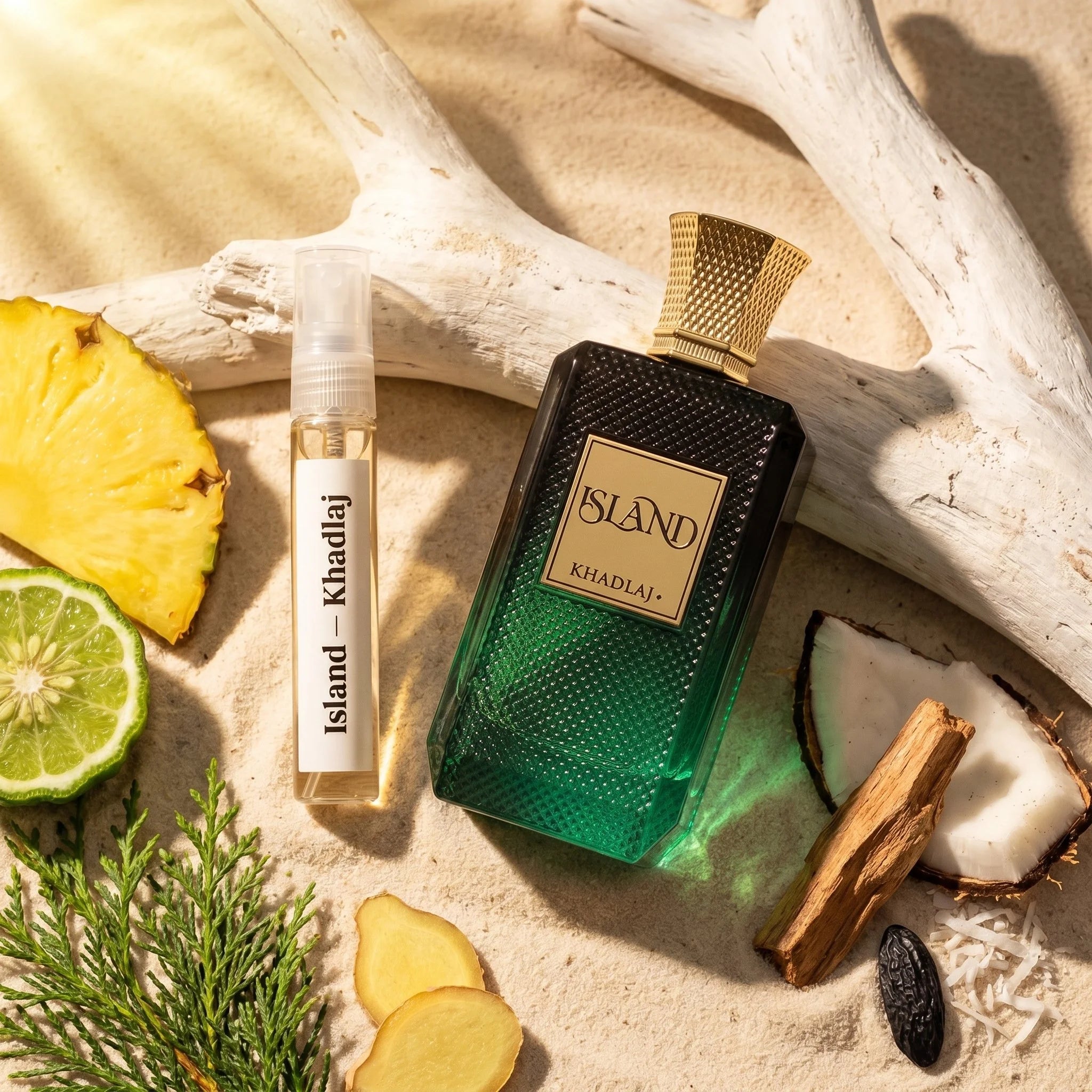 Khadlaj Island bottle and decant on warm sand with pineapple bergamot ginger coconut sandalwood tonka bean amber fragrance notes flatlay