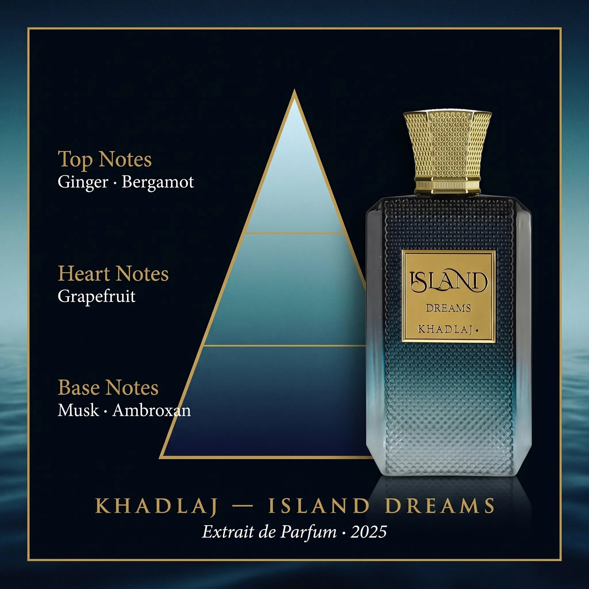 Khadlaj Island Dreams fragrance note pyramid ginger bergamot grapefruit musk ambroxan on dark navy teal background