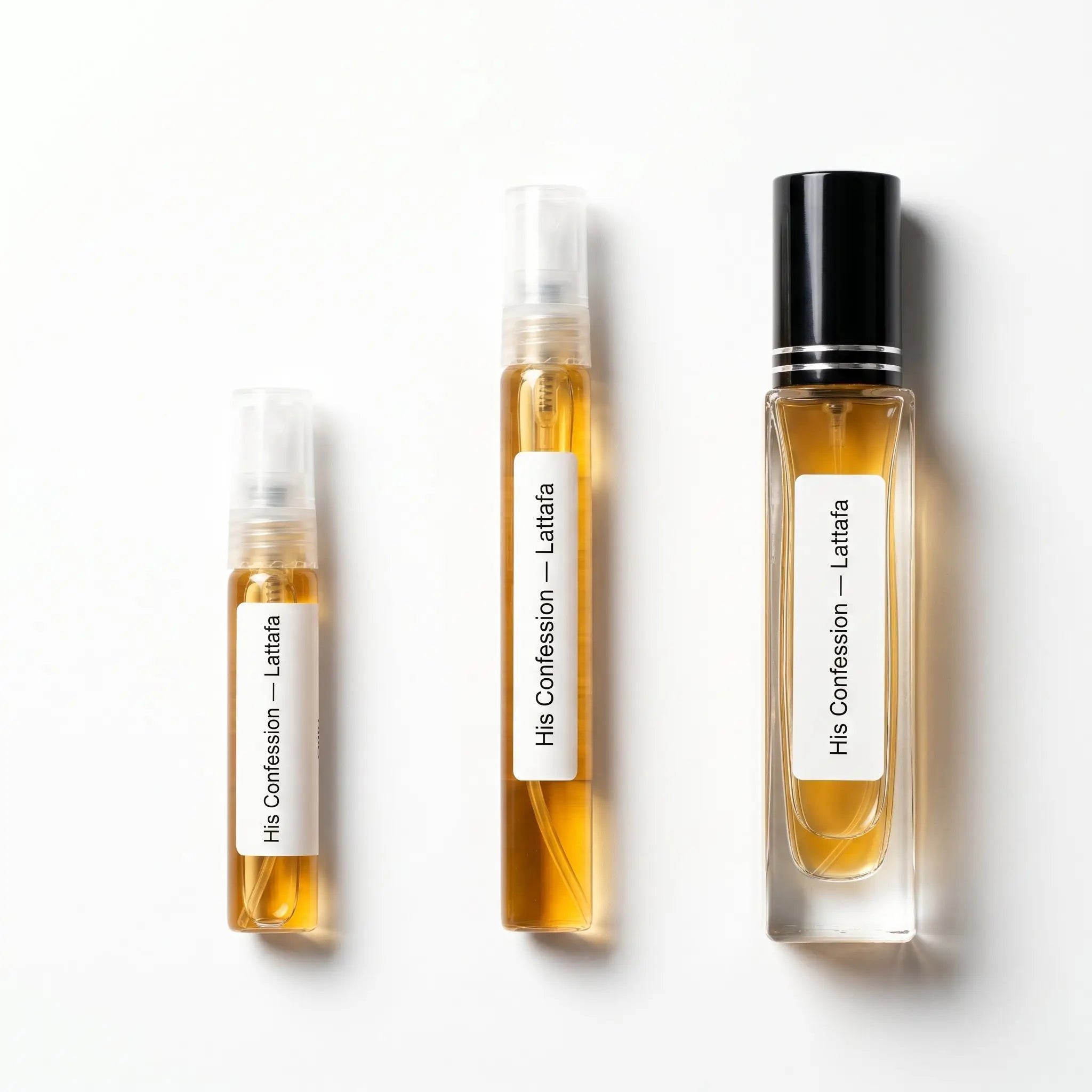 "Lattafa His Confession decant sizes 5ml 10ml and 30ml on white background