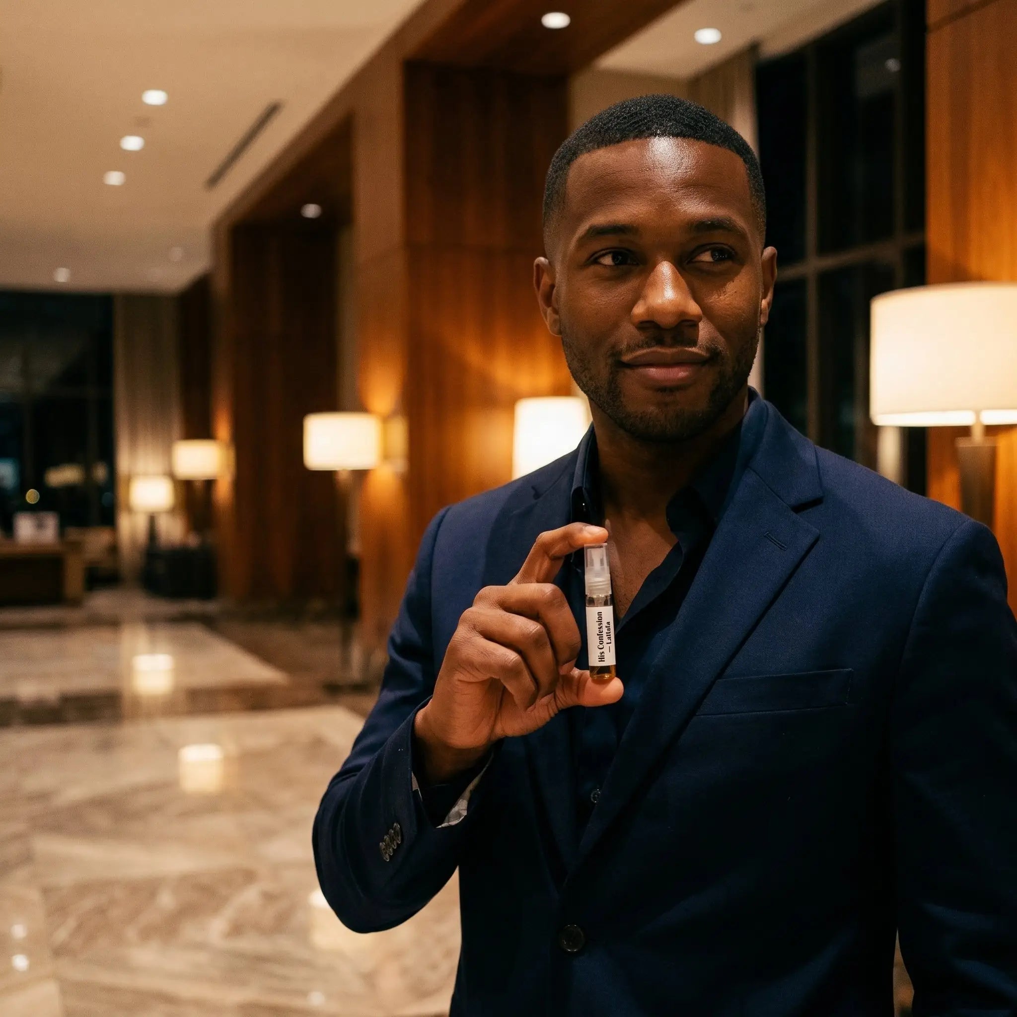 Man in navy suit holding Lattafa His Confession decant in hotel lobby