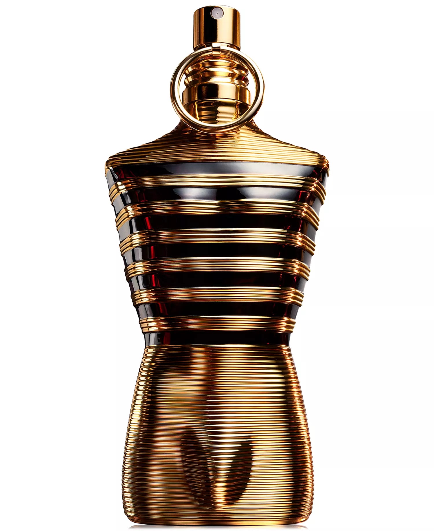 Jean Paul Gaultier Le Male Elixir Parfum bottle close-up showing gold and burgundy ribbed male torso design