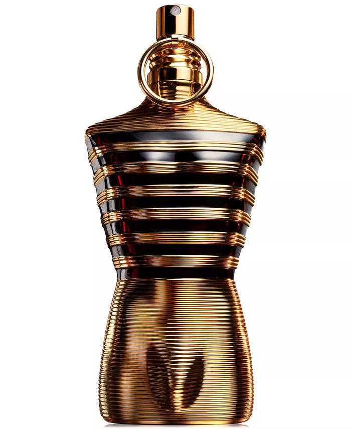 Jean Paul Gaultier Le Male Elixir Parfum bottle close-up showing gold and burgundy ribbed male torso design