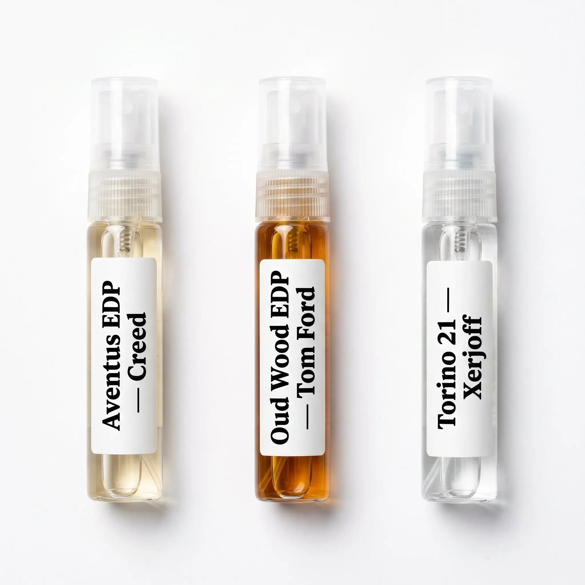 The Legend Set — Creed Aventus, Tom Ford Oud Wood and Xerjoff Torino21 5ml decants overhead
