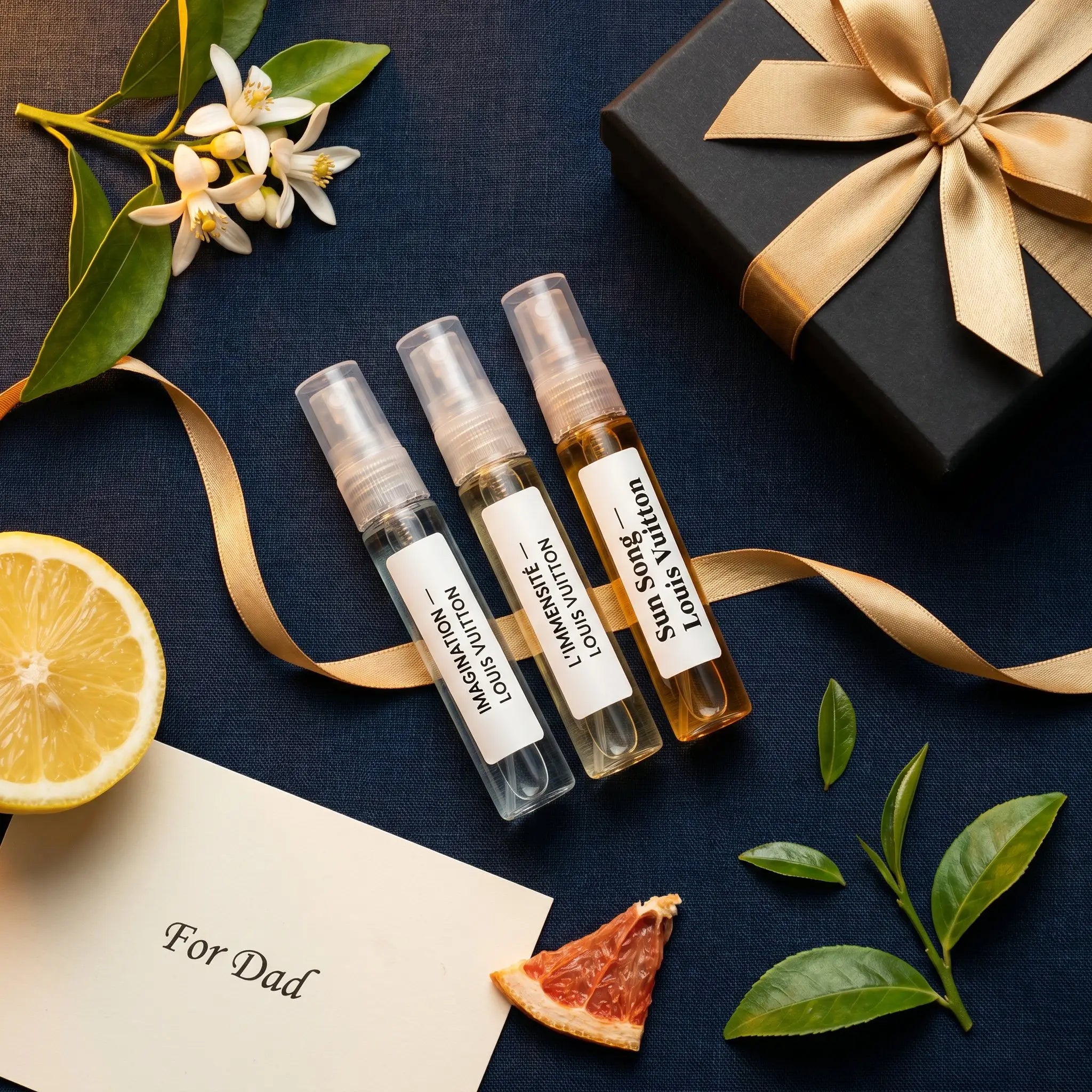 LV Discovery Set Father's Day gift flatlay — Imagination, L'Immensité and Sun Song on navy
