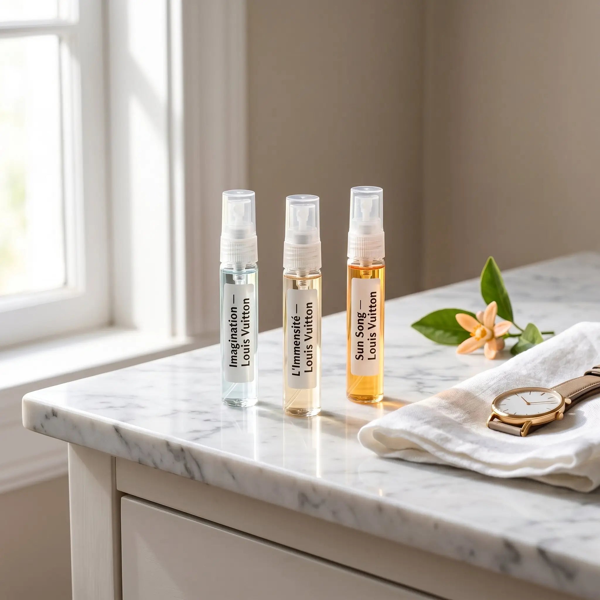 Louis Vuitton Discovery Set decants on marble vanity — Imagination, L'Immensité and Sun Song
