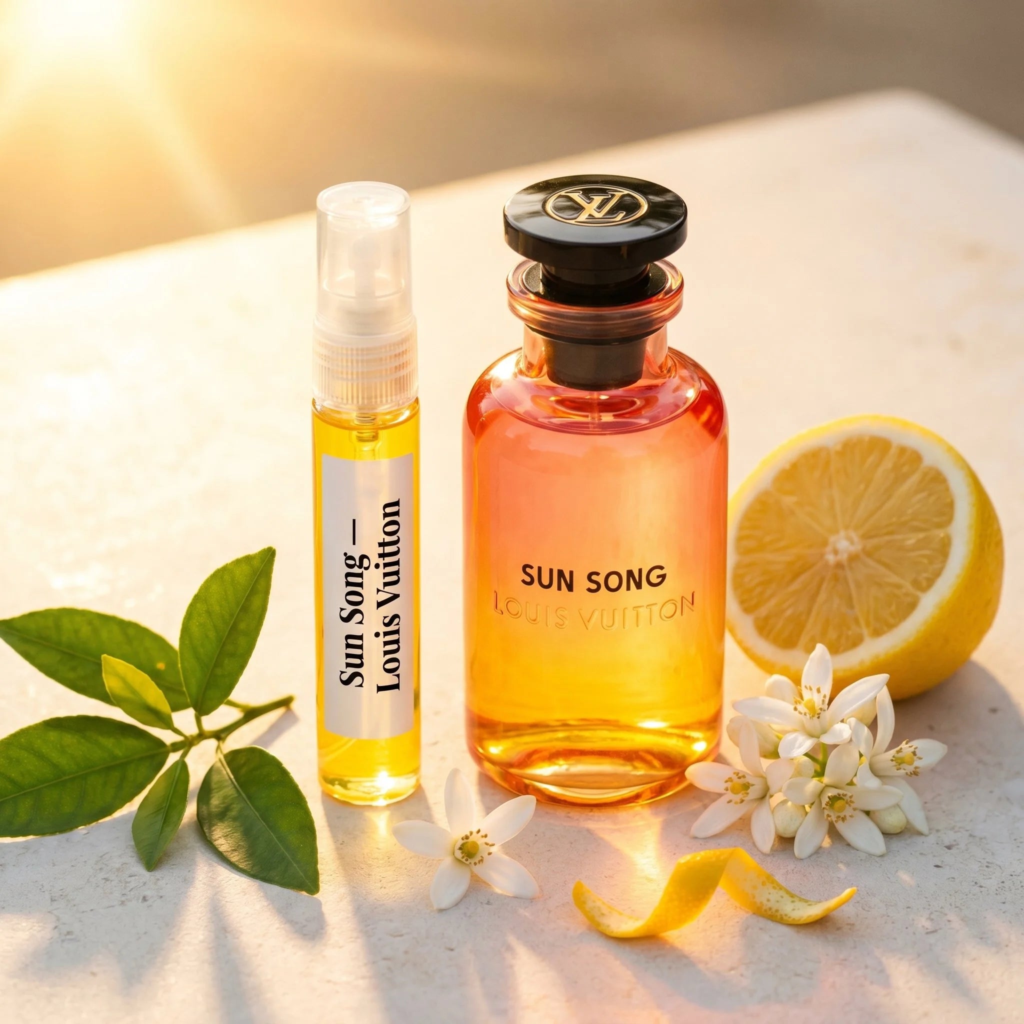Louis Vuitton Sun Song bottle and decant on warm stone with lemon petitgrain orange blossom neroli fragrance notes flatlay