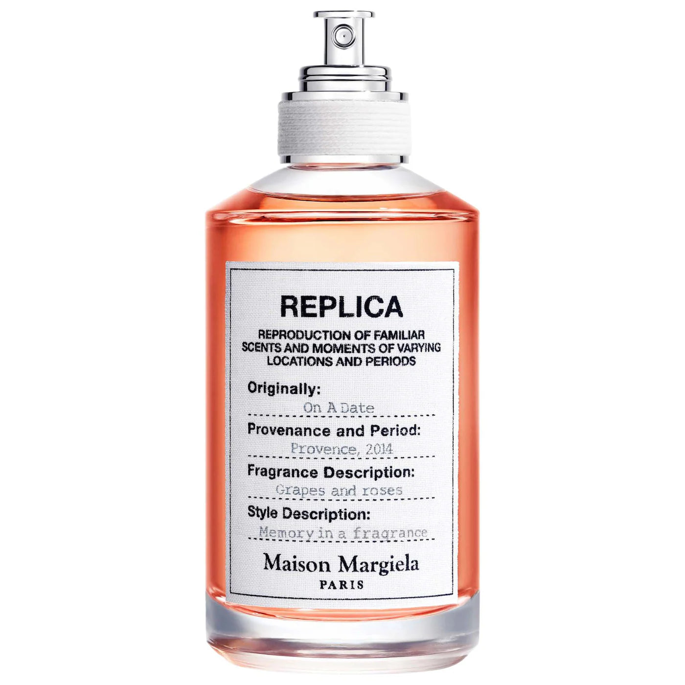 Perfume bottle labeled 'Replica' by Maison Margiela on a white background