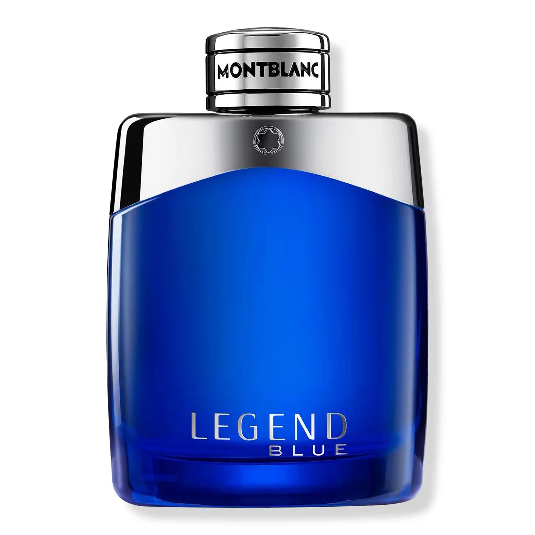 Blue Montblanc Legend perfume bottle on a white background