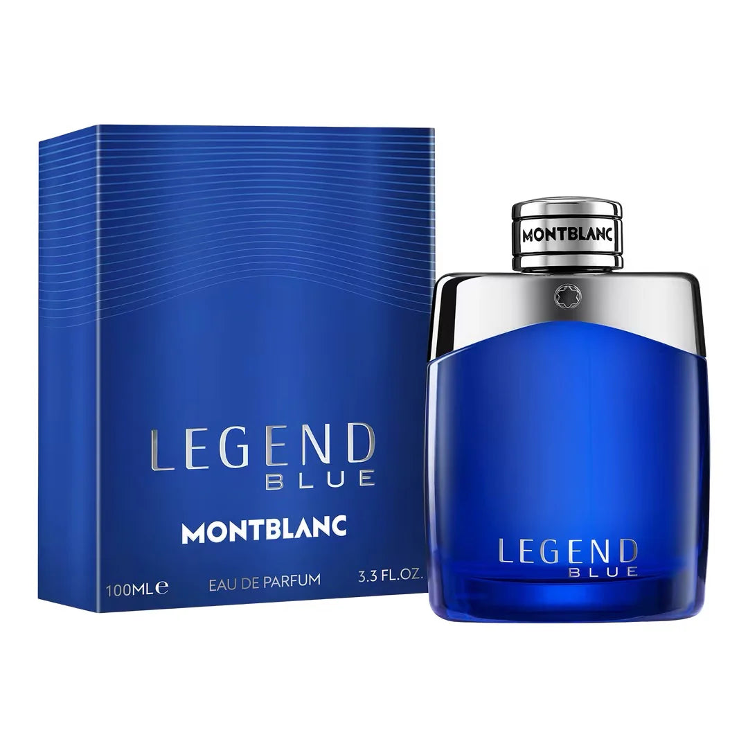 Montblanc Legend Blue perfume bottle and packaging on a white background