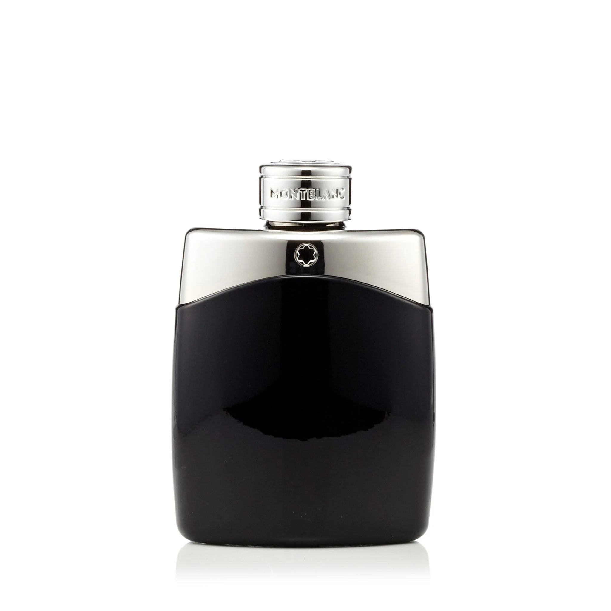 Black and silver perfume bottle on a white background