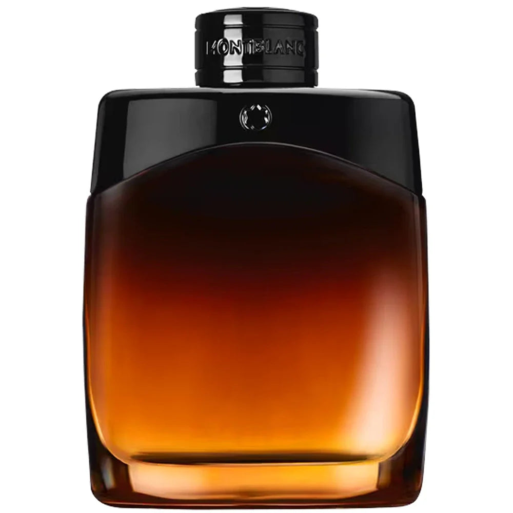 Amber glass perfume bottle with black cap on a white background