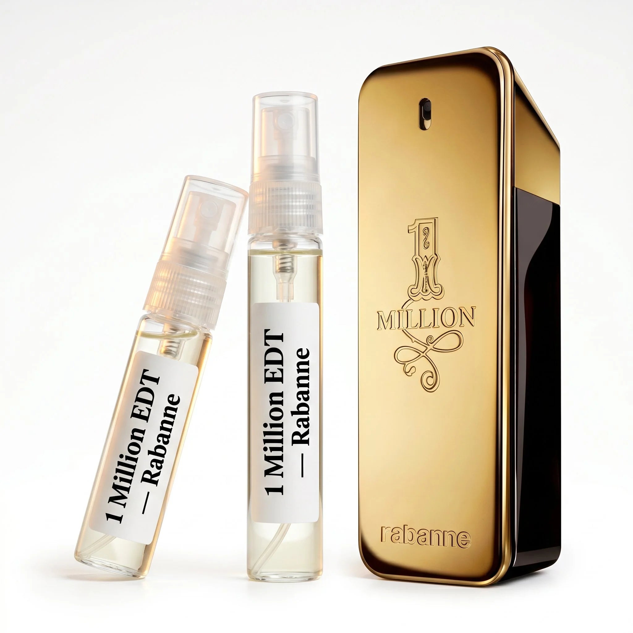 Rabanne 1 Million EDT decant vials with gold bar bottle on white background luxury fragrance photography