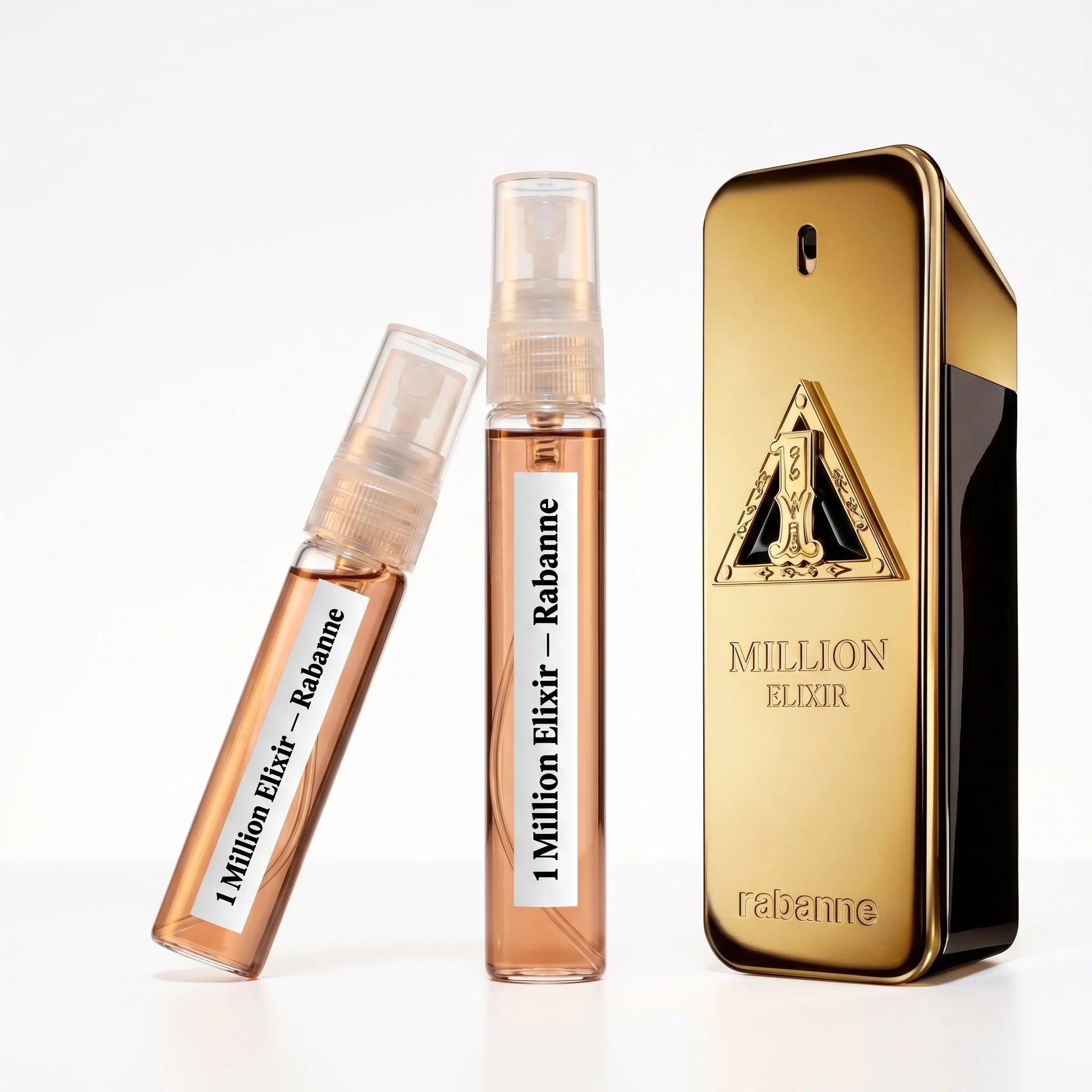Rabanne 1 Million Elixir decant vials with gold bar pyramid emblem bottle on white background luxury fragrance photography