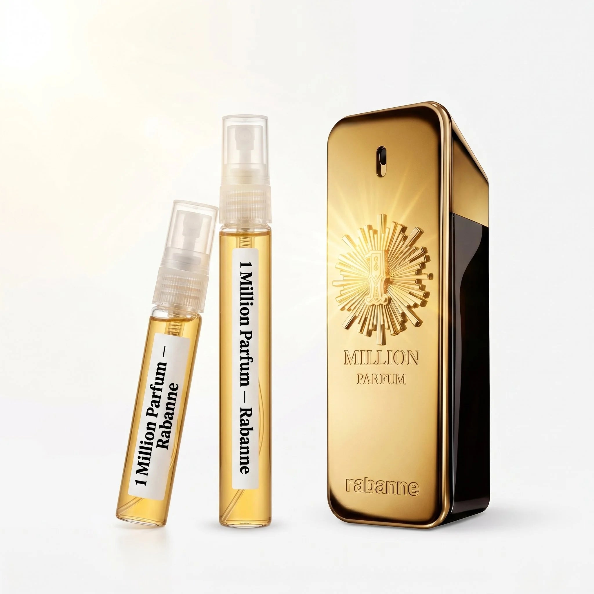 Rabanne 1 Million Parfum decant vials with gold bar sunburst bottle on white background luxury fragrance photography