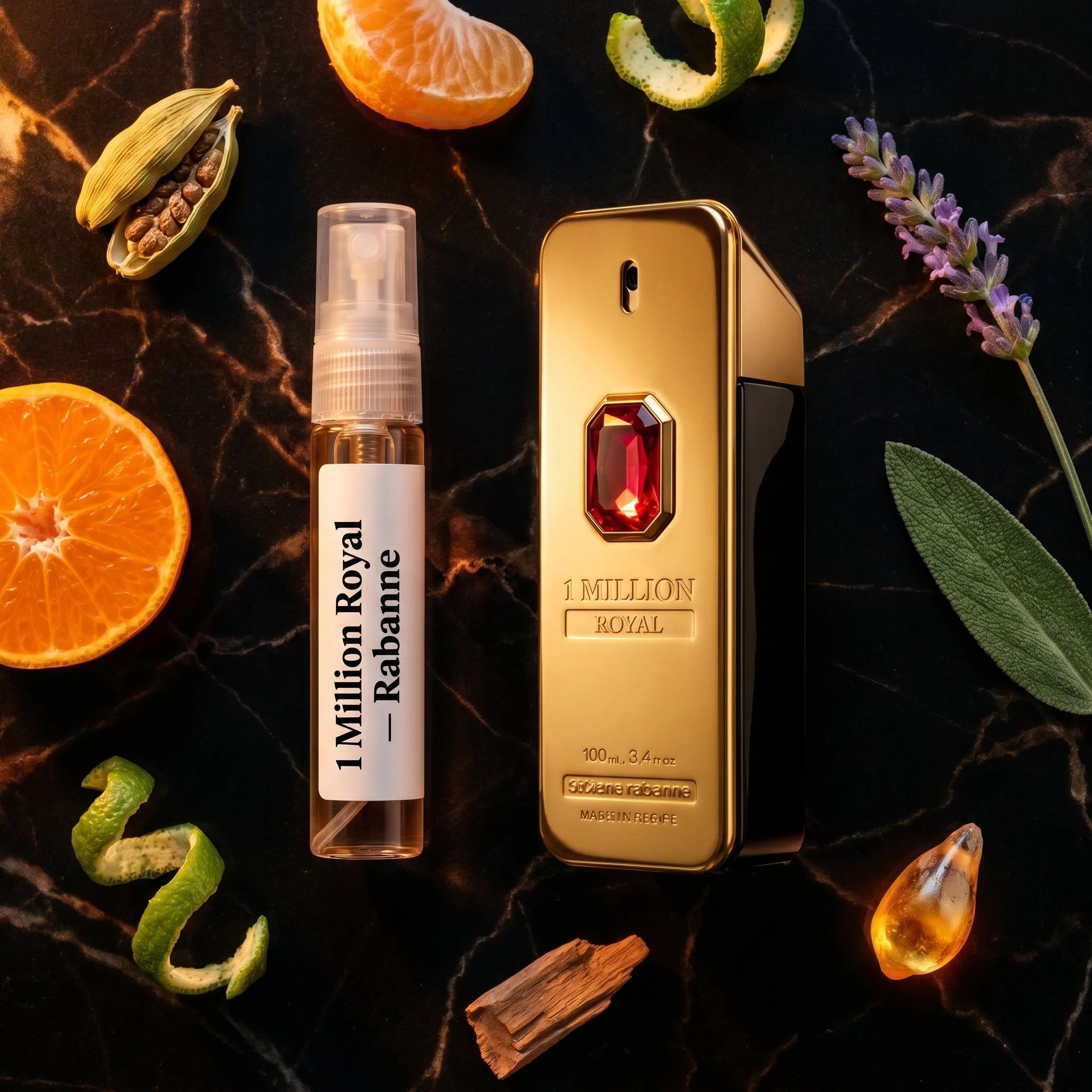 Rabanne 1 Million Royal bottle and decant on black marble with cardamom tangerine lavender sage benzoin cedar fragrance notes flatlay
