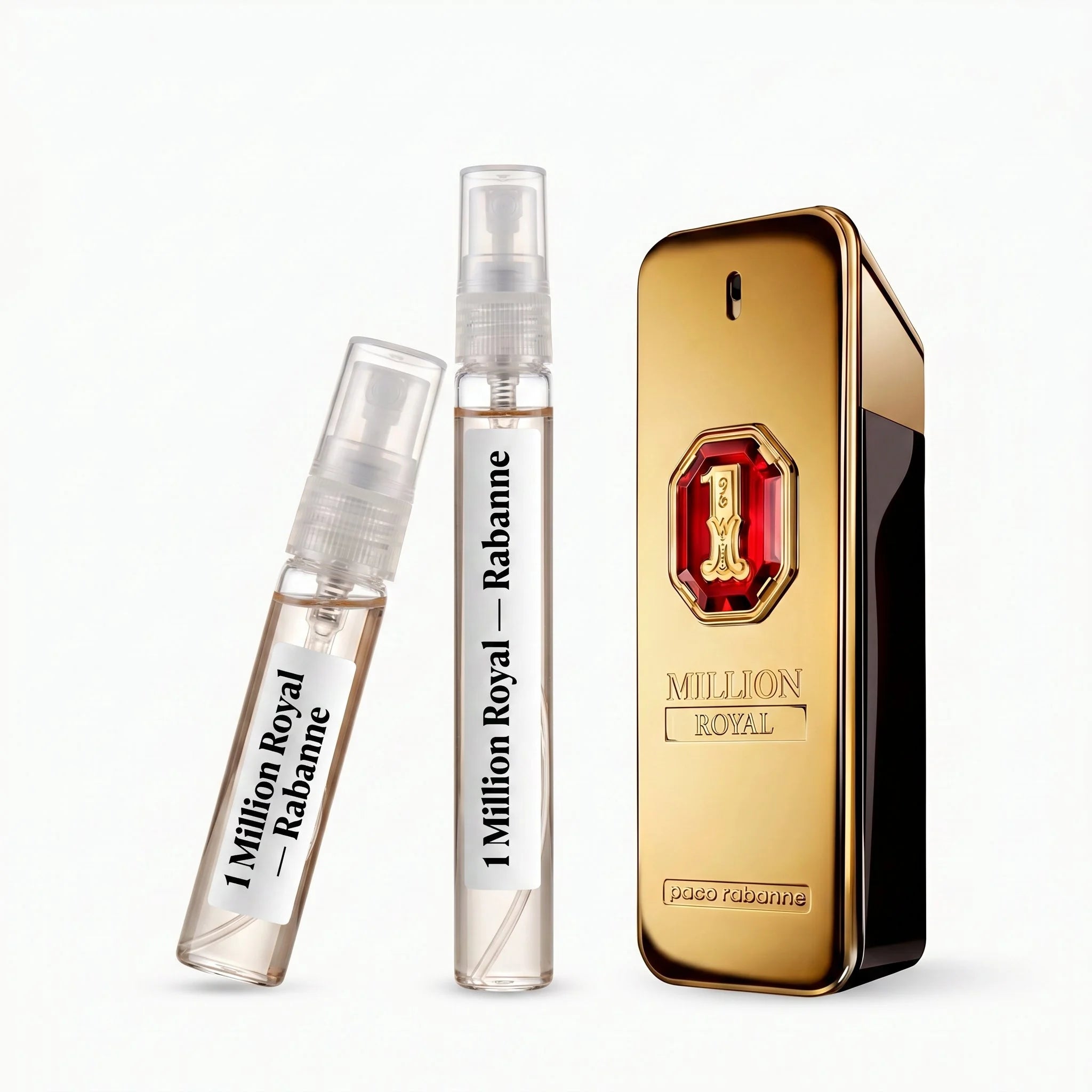 Rabanne 1 Million Royal decant vials with gold bar red gemstone bottle on white background luxury fragrance photography