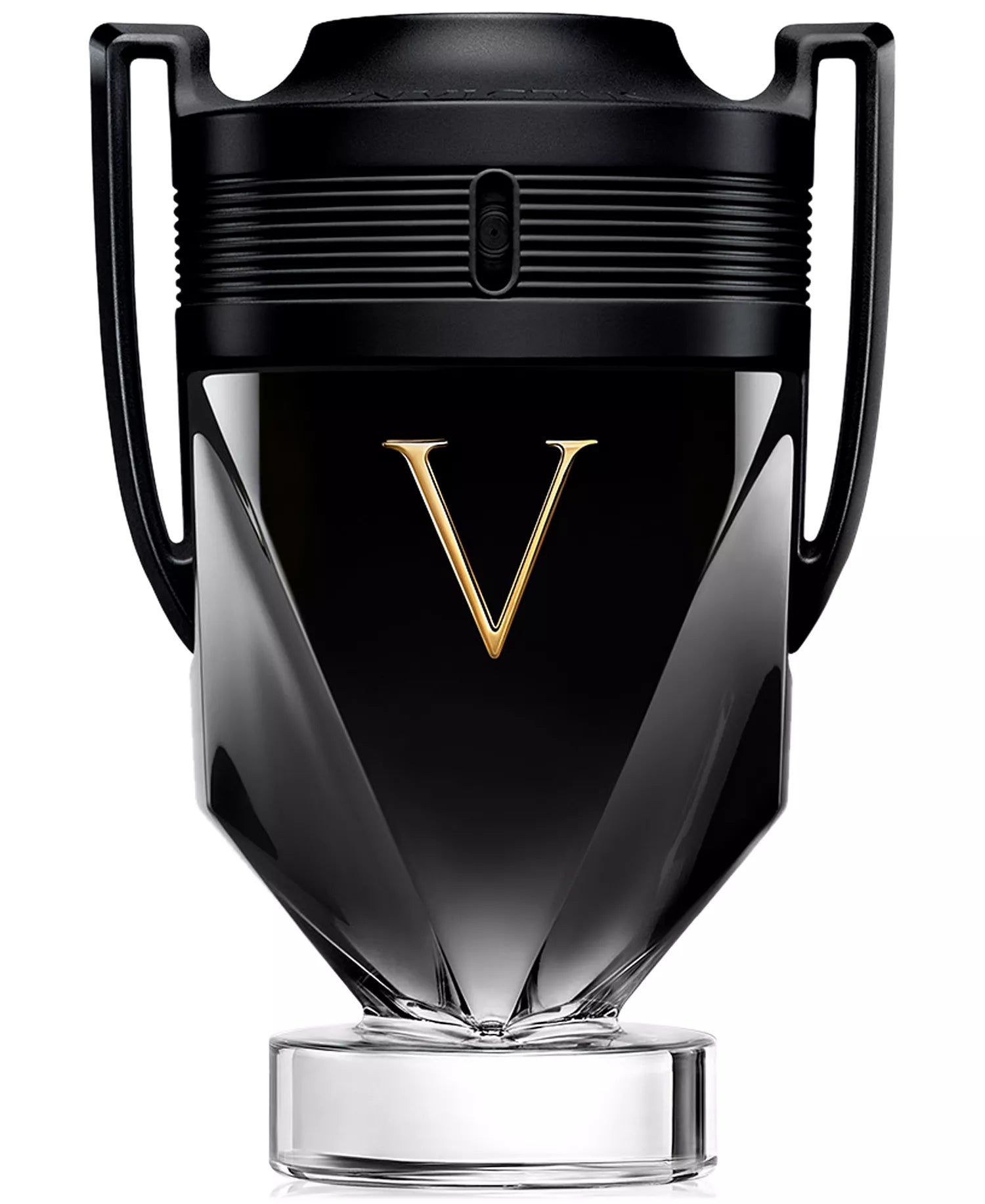 Black and gold perfume bottle with 'V' logo on a white background