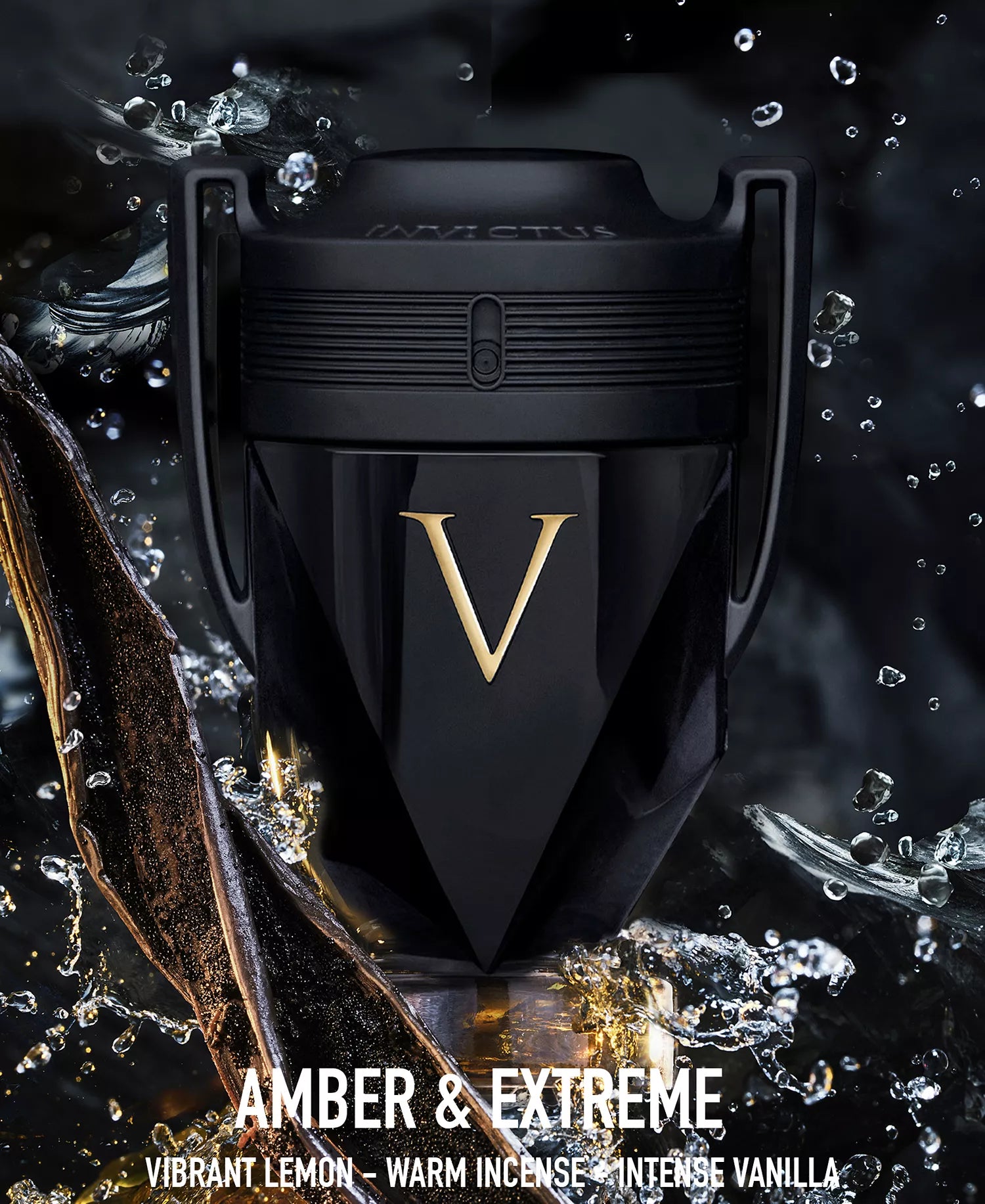 Black V-shaped container with gold 'V' logo on a dark background with water droplets and vanilla bean.