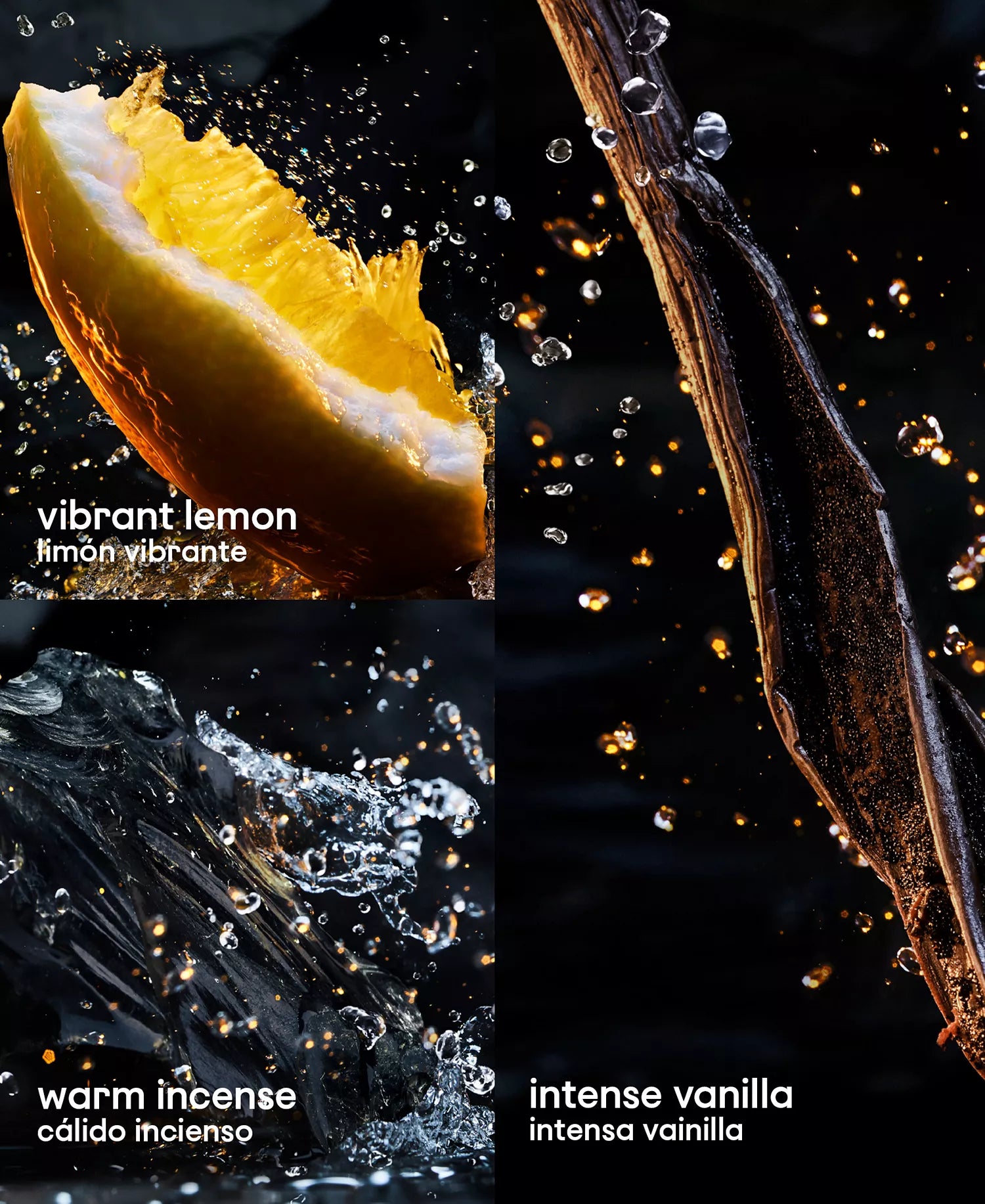 Fragrance elements with lemon, vanilla, and incense on a dark background