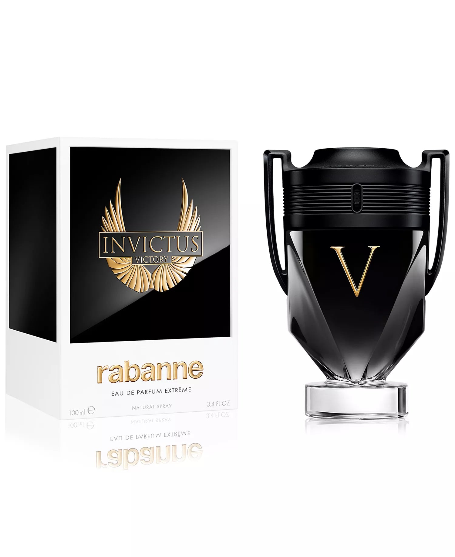 Invictus Rabanne perfume bottle and packaging on a white background