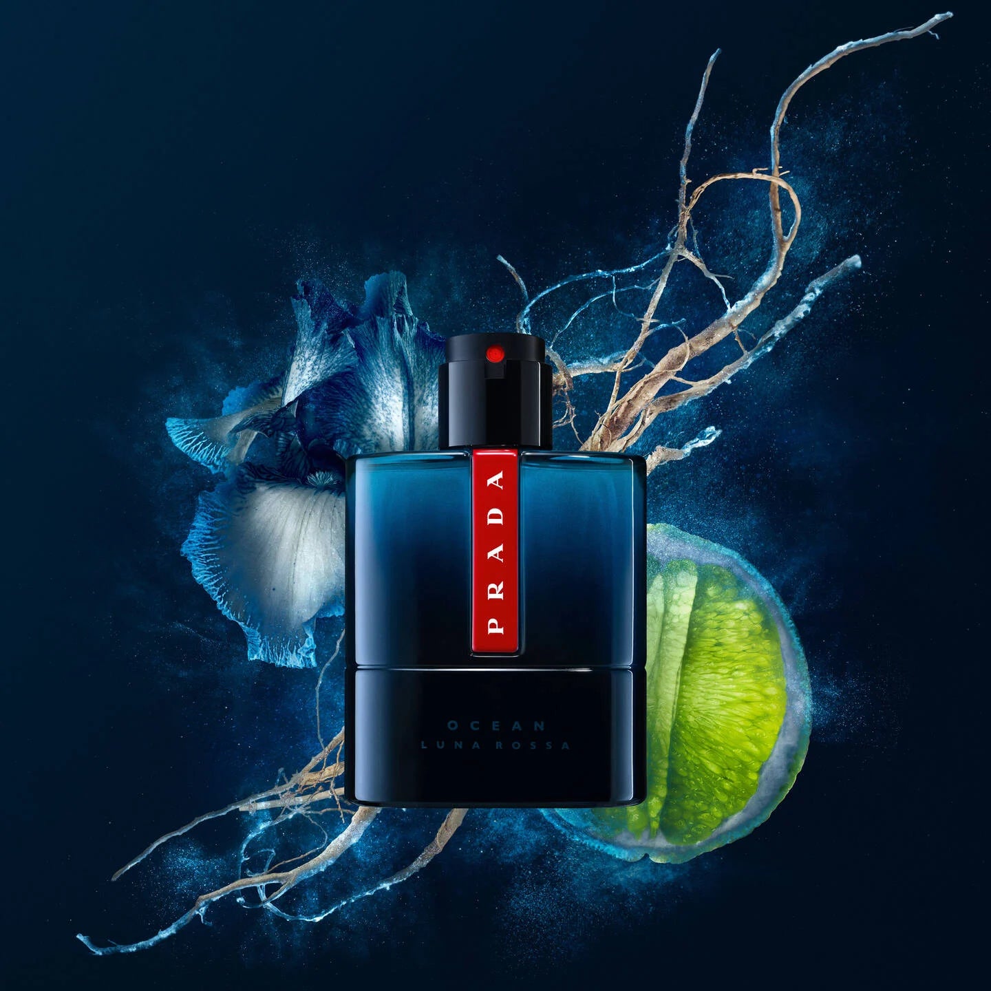Prada perfume bottle with a dark background and abstract elements
