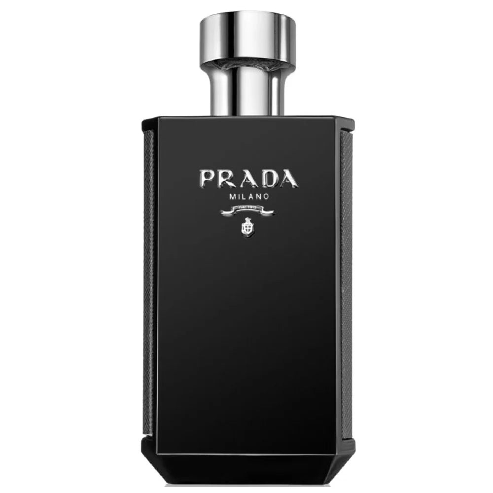 Black Prada Milano perfume bottle on a white background