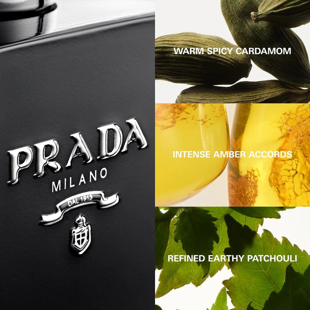 Prada Milano perfume bottle with cardamom, amber, and patchouli elements.