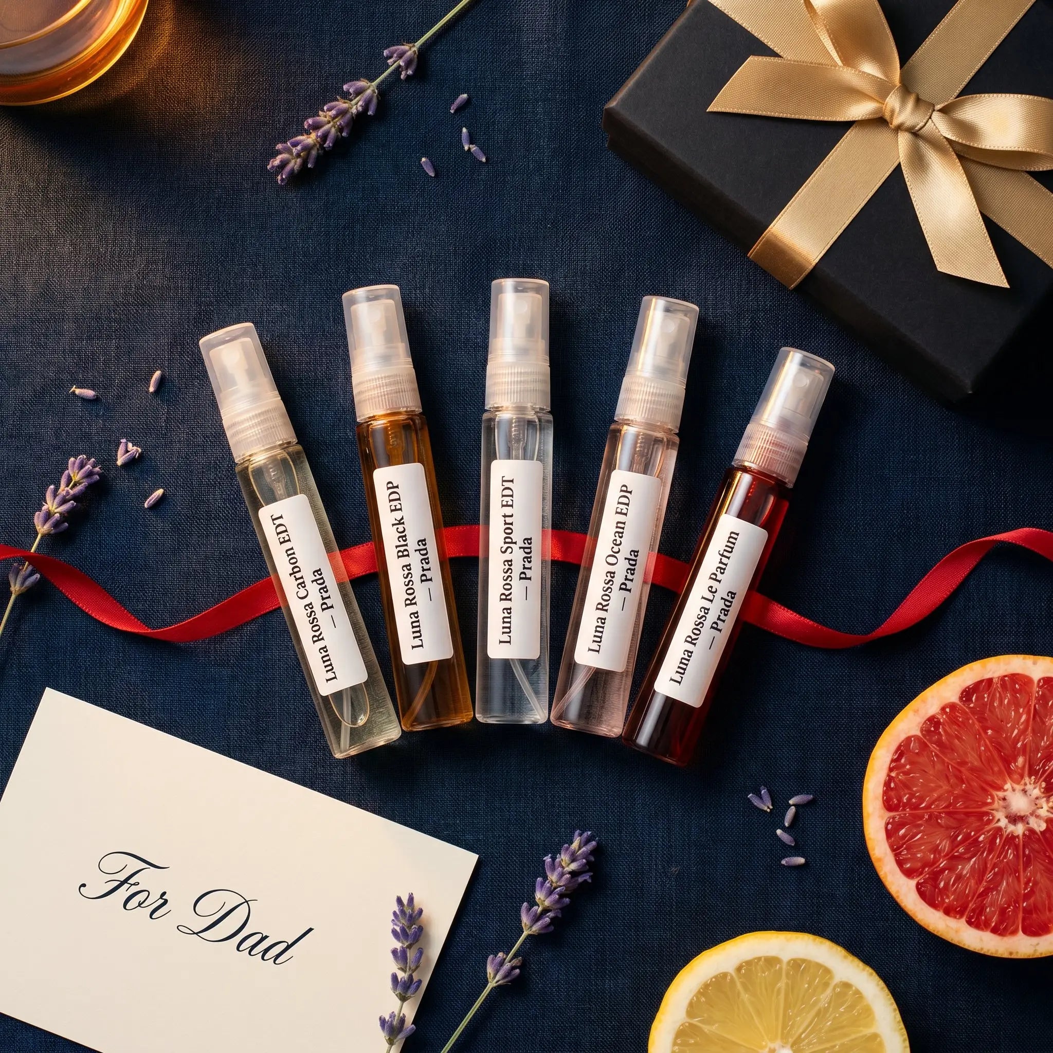 Prada Luna Rossa Discovery Set Father's Day flatlay — five decants with lavender and grapefruit on navy
